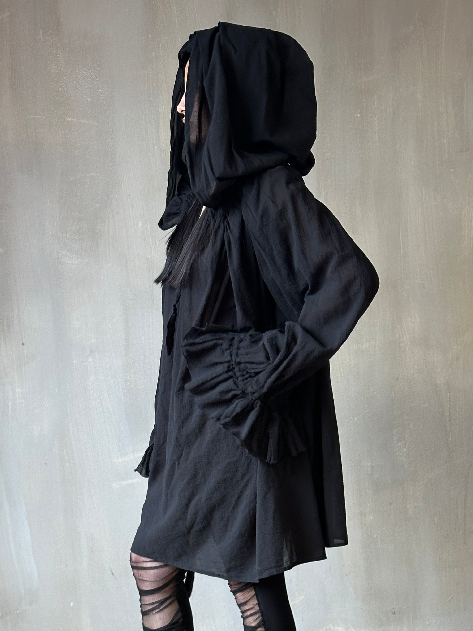 Spring '25: Hooded Alchemist Chemise in Black Cotton Gauze (Pre-Order)