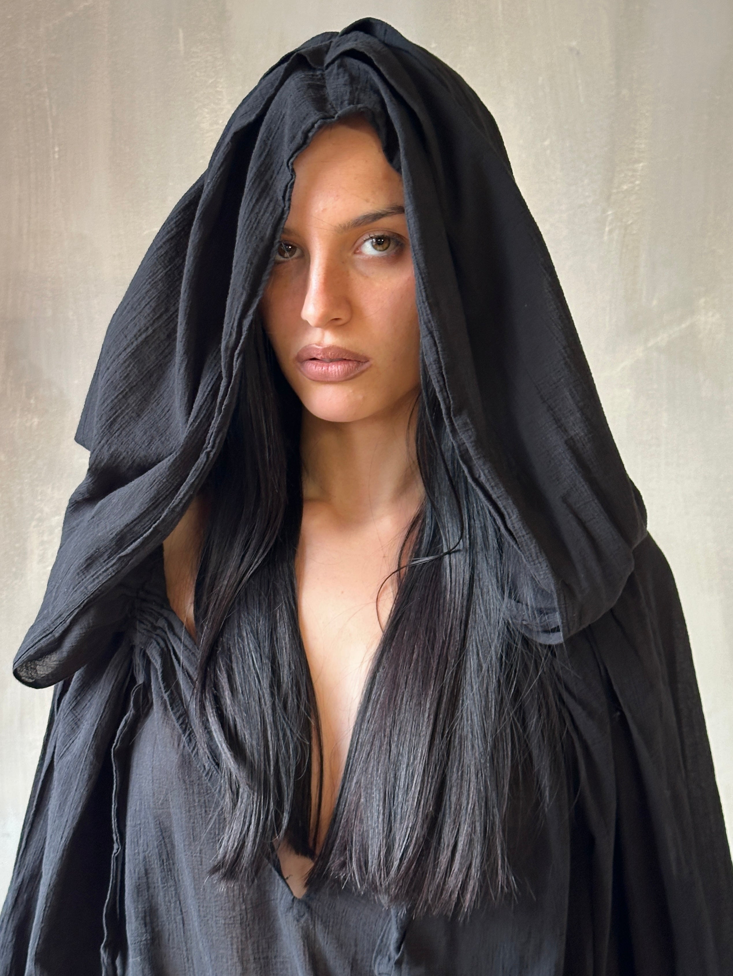 Spring '25: Hooded Alchemist Chemise in Black Cotton Gauze (Pre-Order)