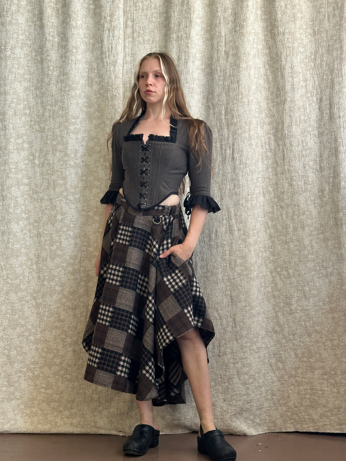 FW '26: Notch Waist Pastorale Skirt in Patchwork Plaid Cotton (Pre-Order)