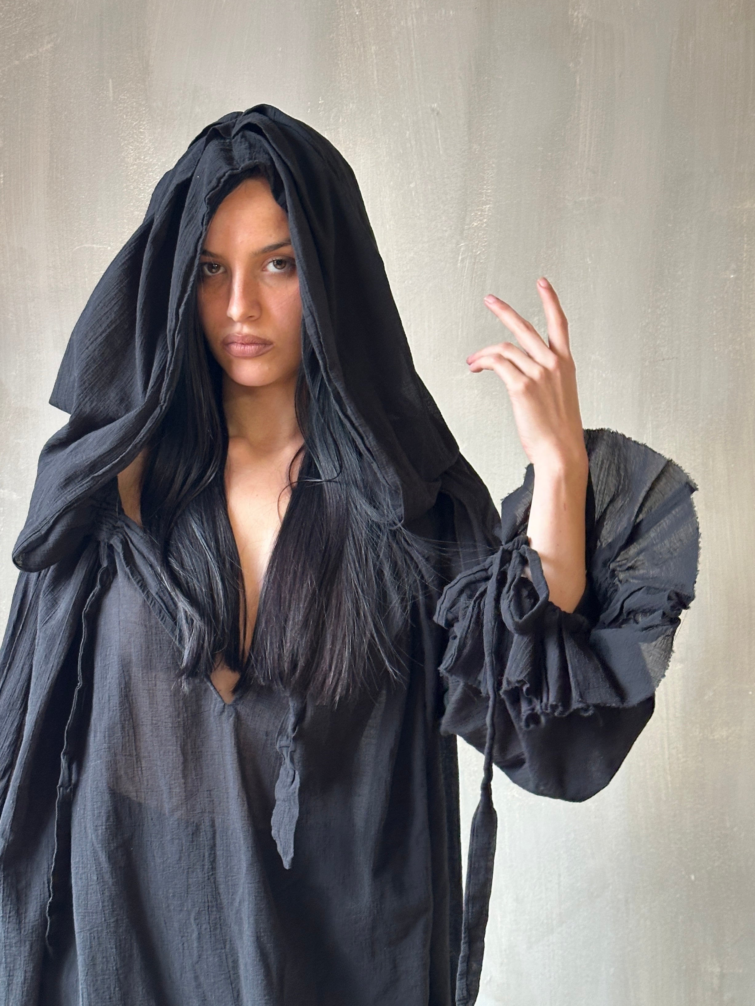 Spring '25: Hooded Alchemist Chemise in Black Cotton Gauze (Pre-Order)