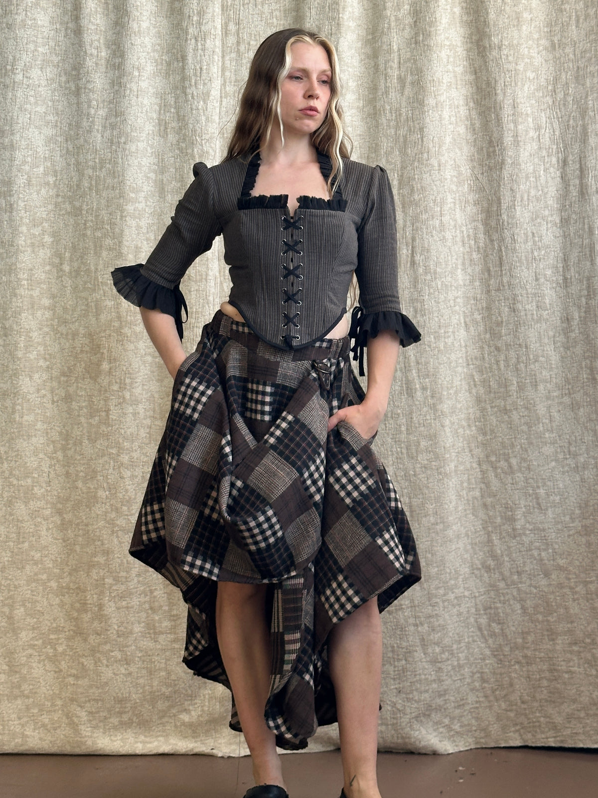 FW '26: Notch Waist Pastorale Skirt in Patchwork Plaid Cotton (Pre-Order)