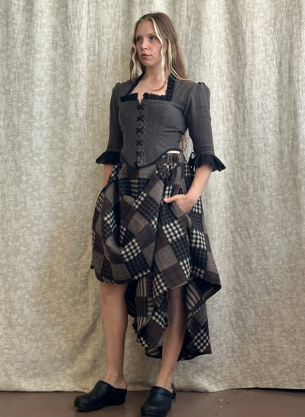 FW '26: Notch Waist Pastorale Skirt in Patchwork Plaid Cotton (Pre-Order)