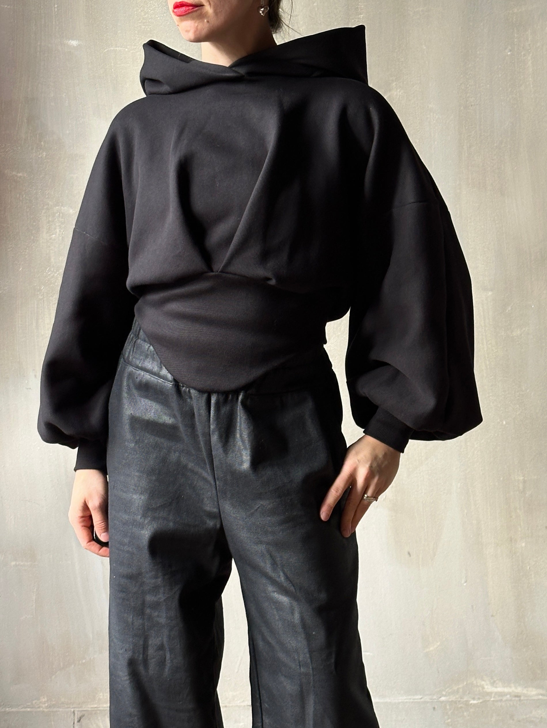 FW25: Corset Waist Hoodie in Black Organic Fleece (Pre-Order)