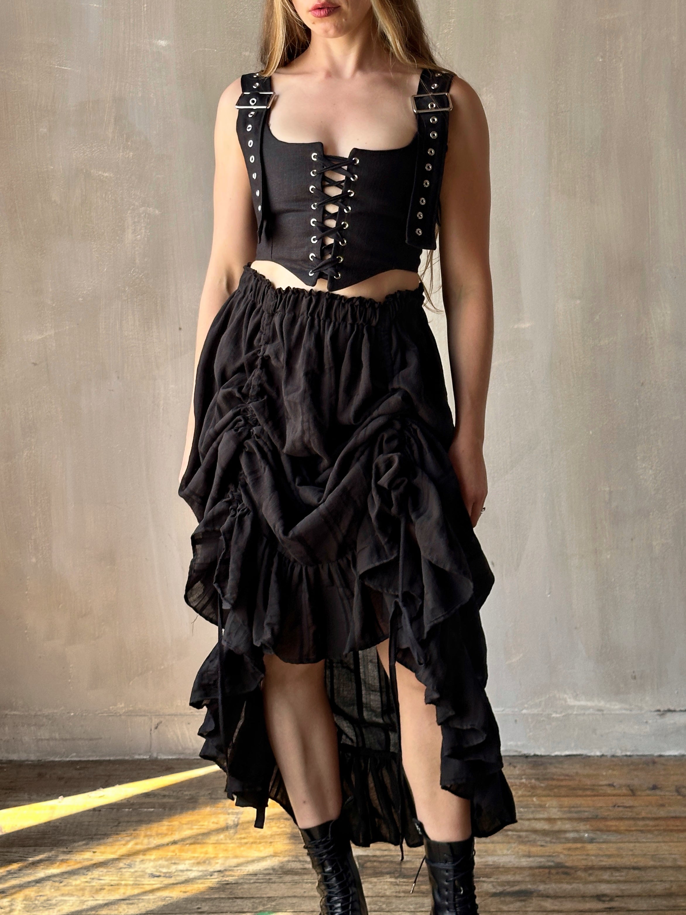 FW25: Drawstring Petticoat Skirt in Black Jacquard Stripe (Pre-Order)