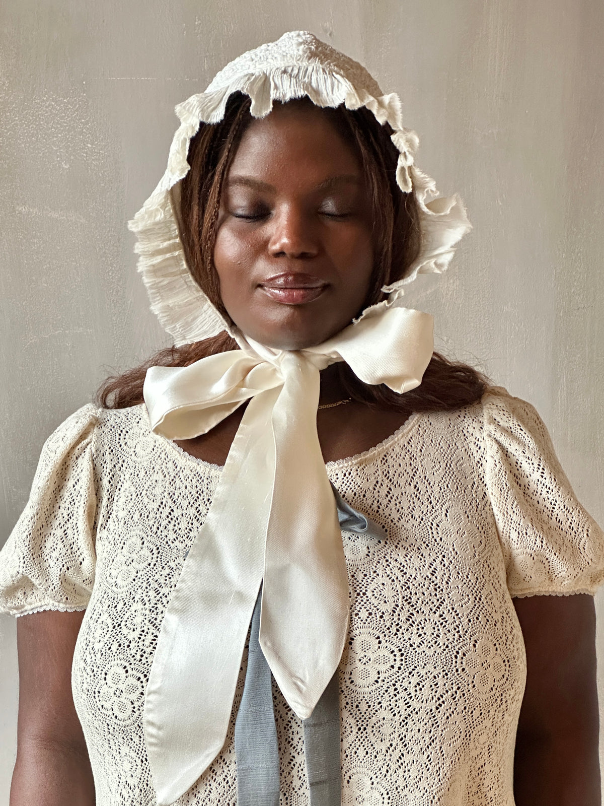 Spring '26: Bonnet with Silk Ties in Ivory Crinkle Cotton Knit (Pre-Or