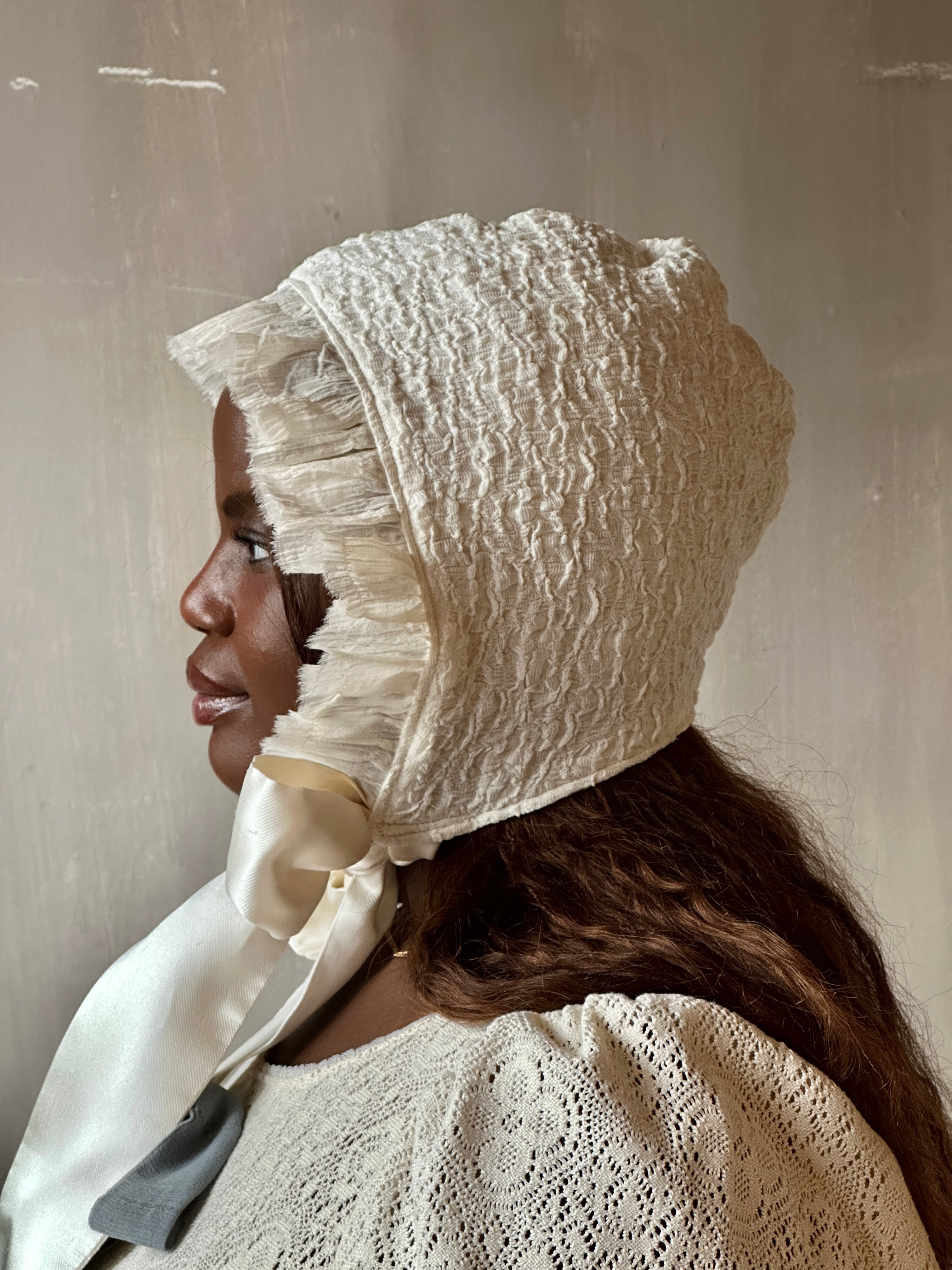 Spring '26: Bonnet with Silk Ties in Ivory Crinkle Cotton Knit (Pre-Order)