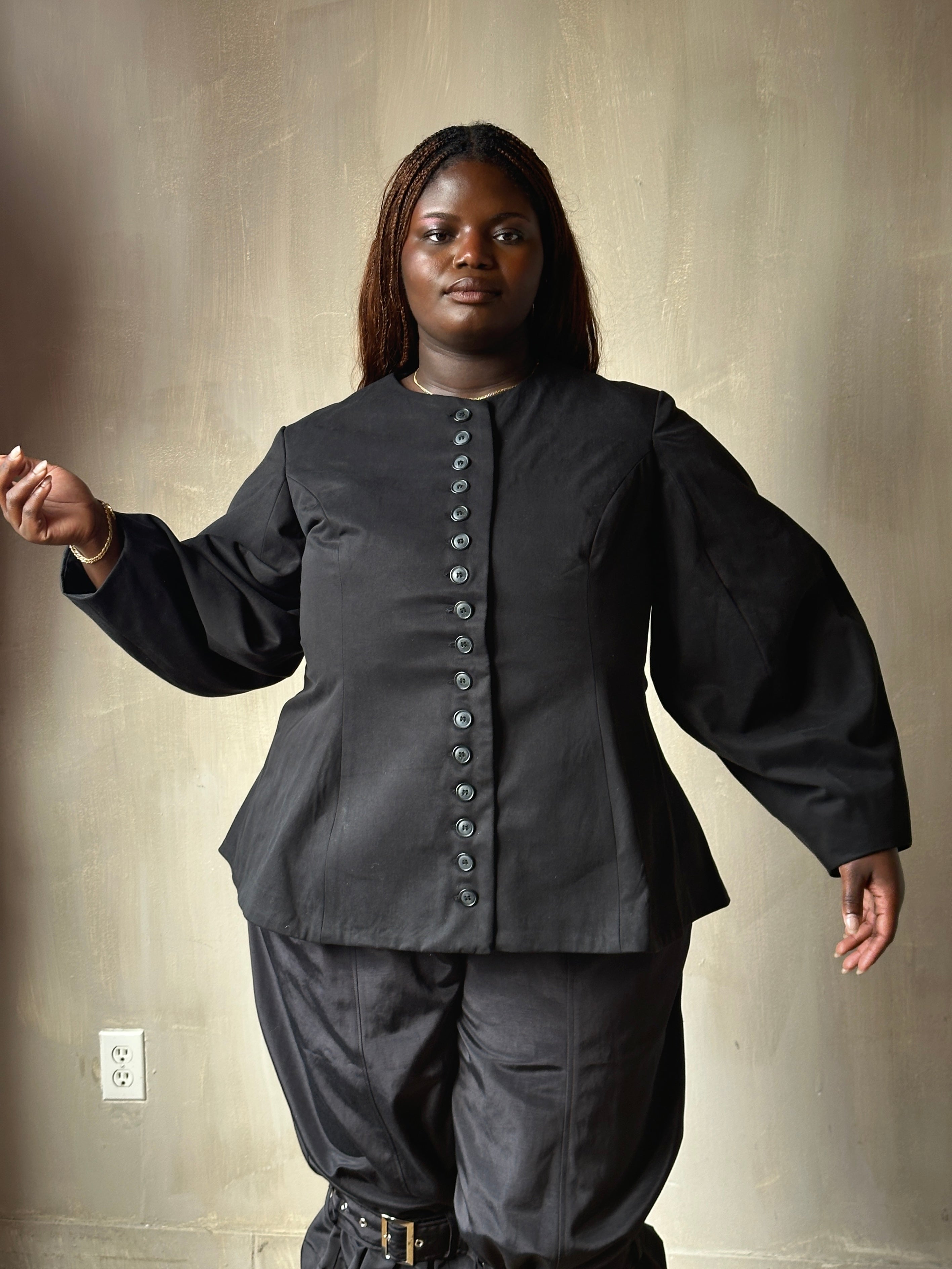 Spring '25: Tails Button Jacket with Lantern Sleeve in Black Cotton Twill (Pre-Order)