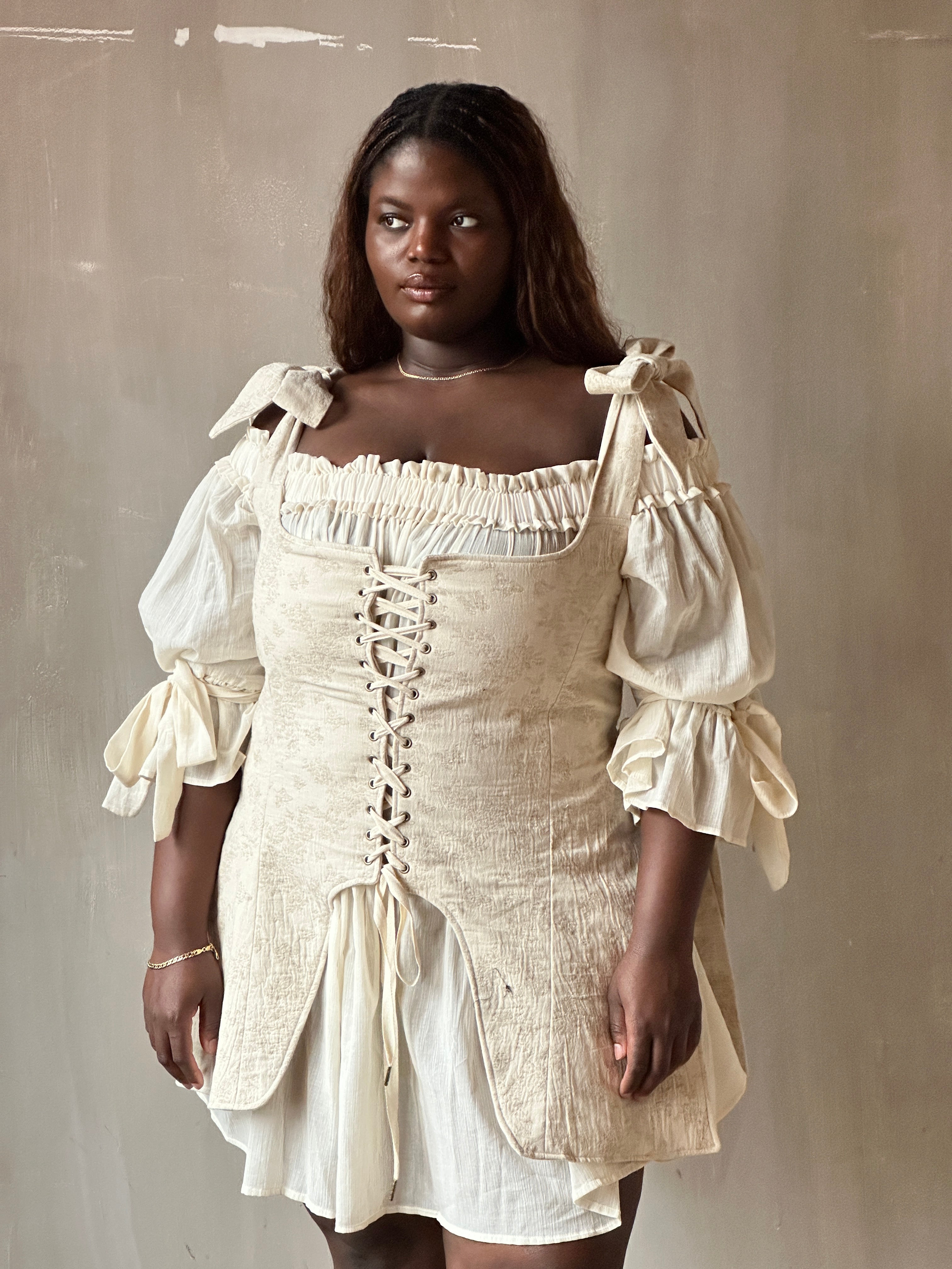 Spring '26: Pinafore Corset Vest with Bow Ties in Antique Floral Cotton (Pre-Order)