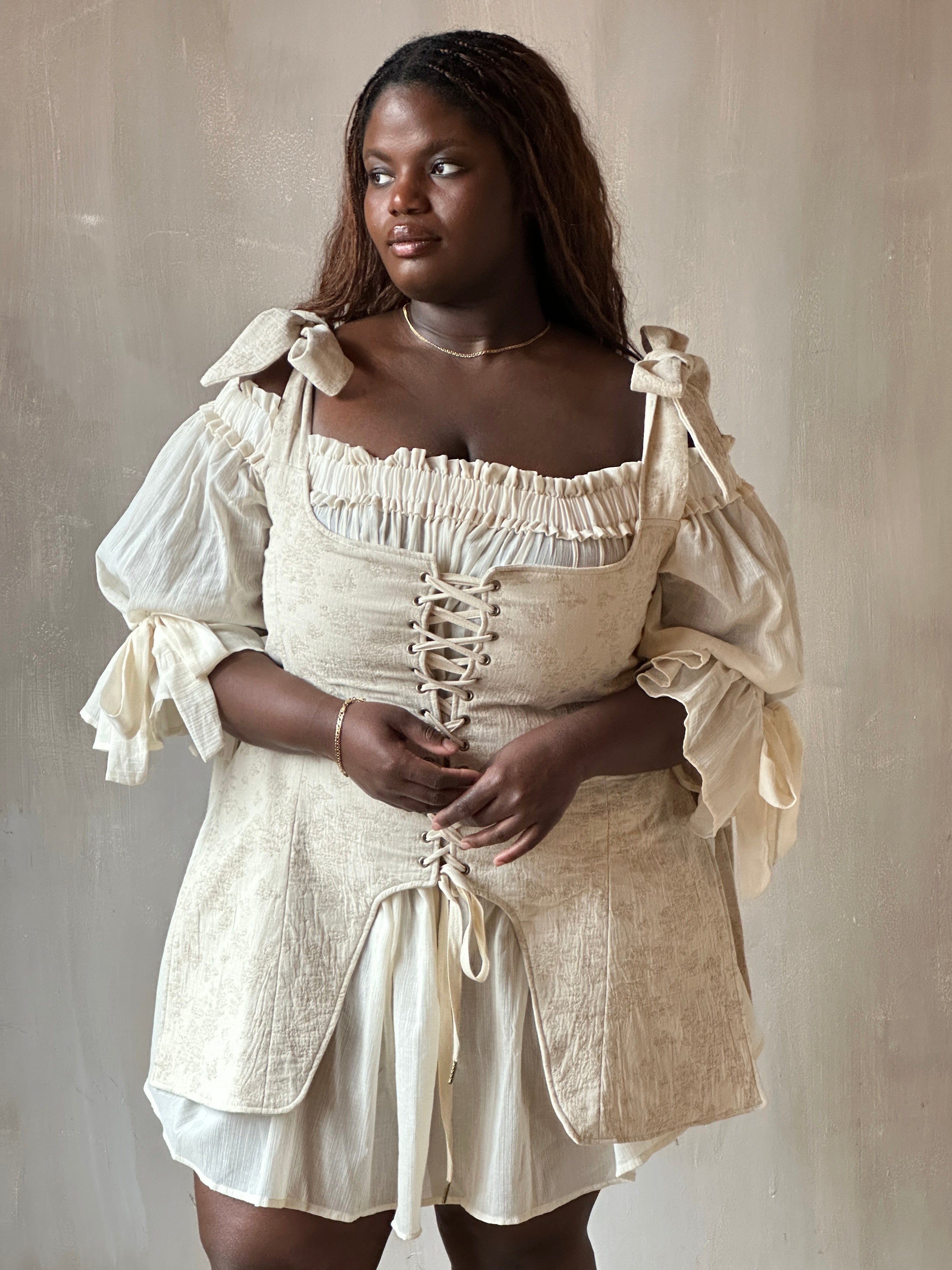 Spring '26: Pinafore Corset Vest with Bow Ties in Antique Floral Cotton (Pre-Order)