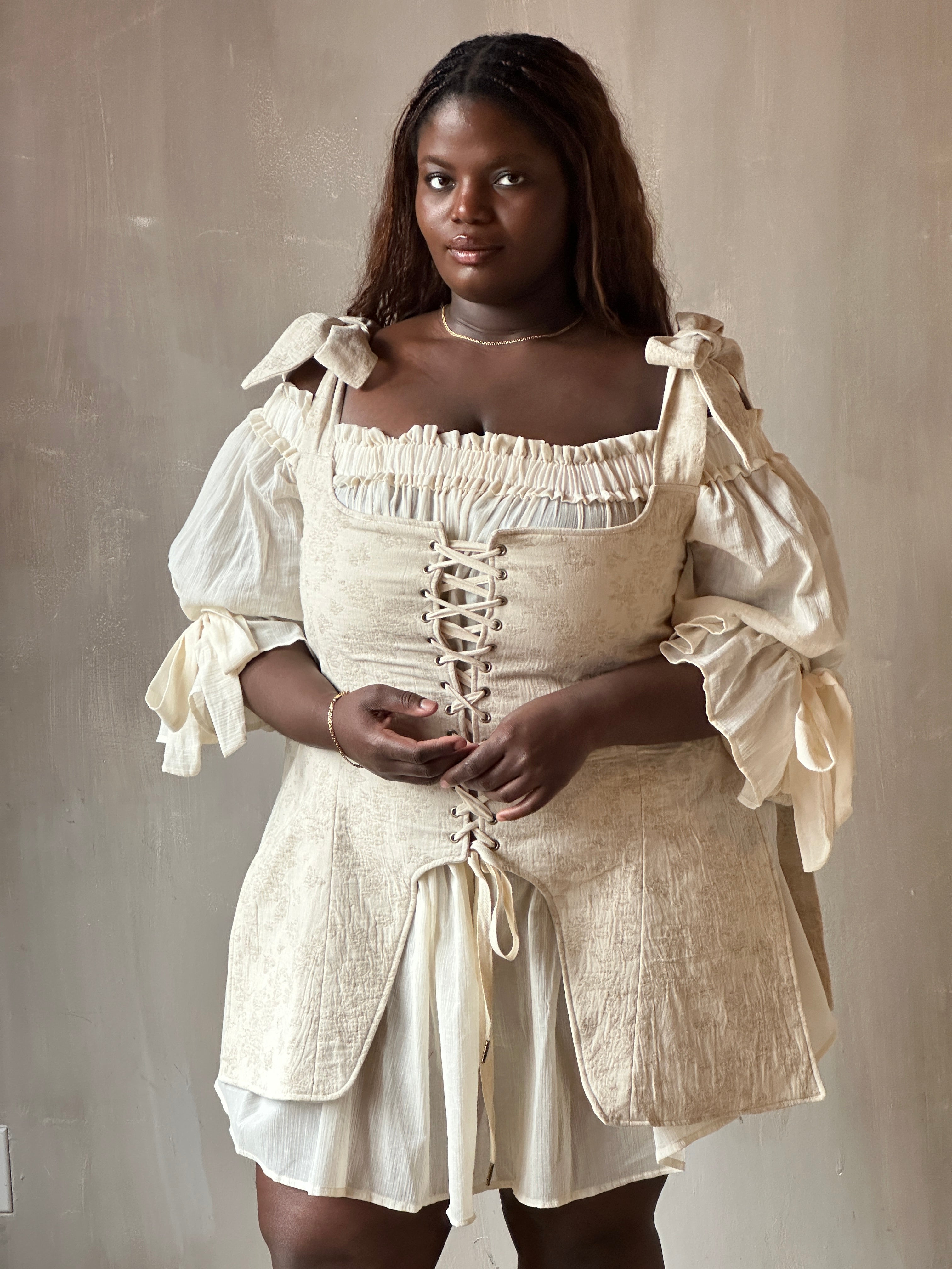 Spring '26: Pinafore Corset Vest with Bow Ties in Antique Floral Cotton (Pre-Order)