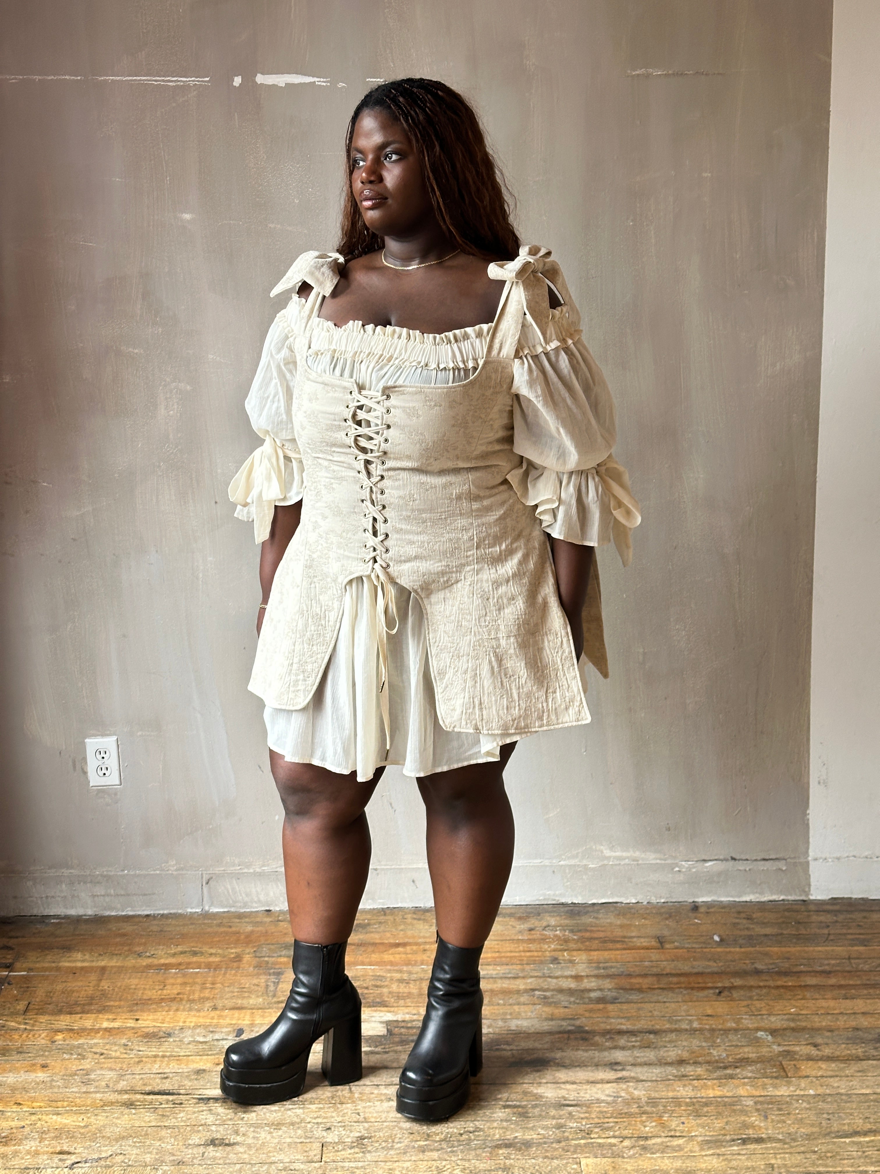 Spring '26: Pinafore Corset Vest with Bow Ties in Antique Floral Cotton (Pre-Order)