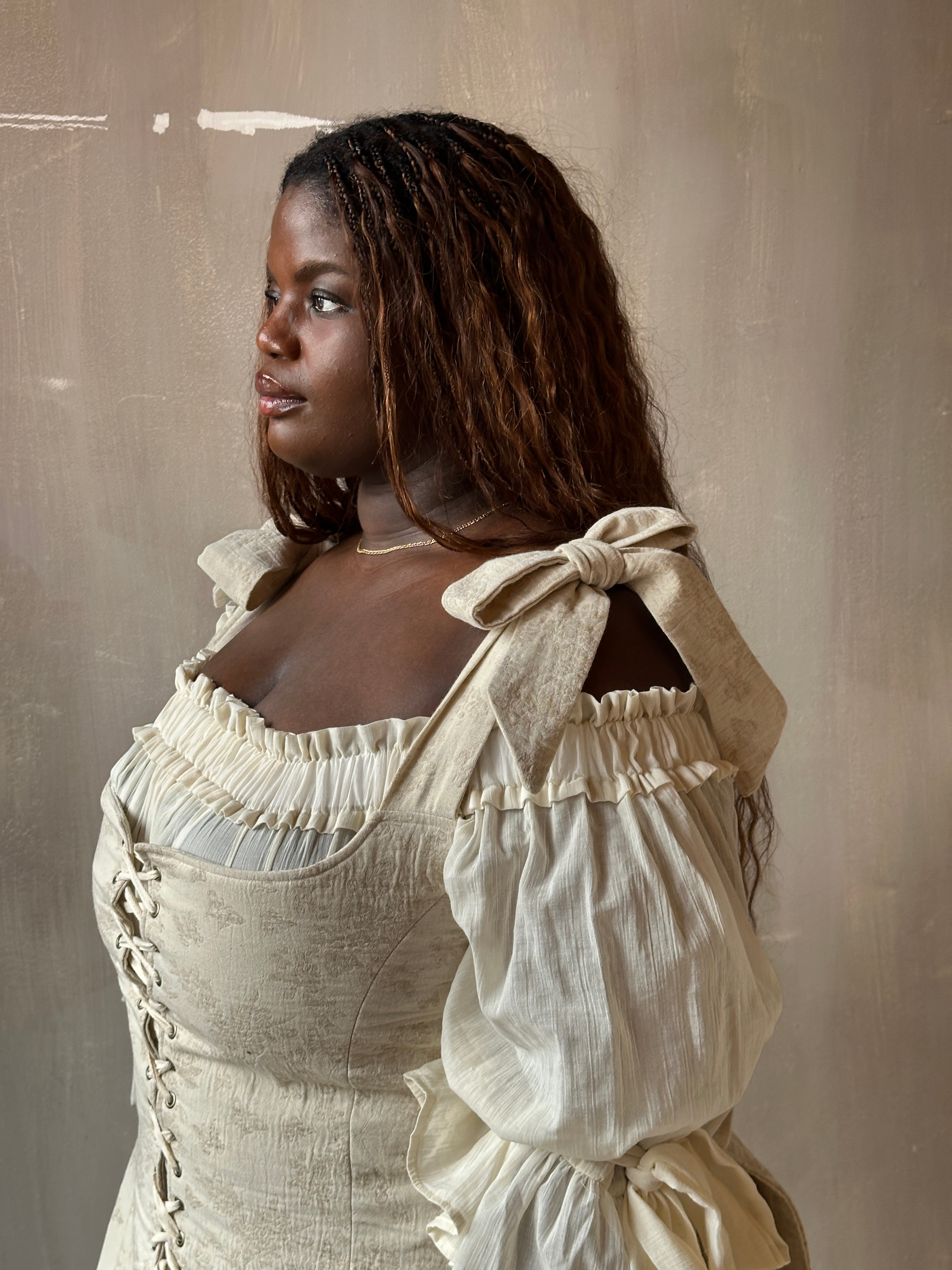 Spring '26: Pinafore Corset Vest with Bow Ties in Antique Floral Cotton (Pre-Order)