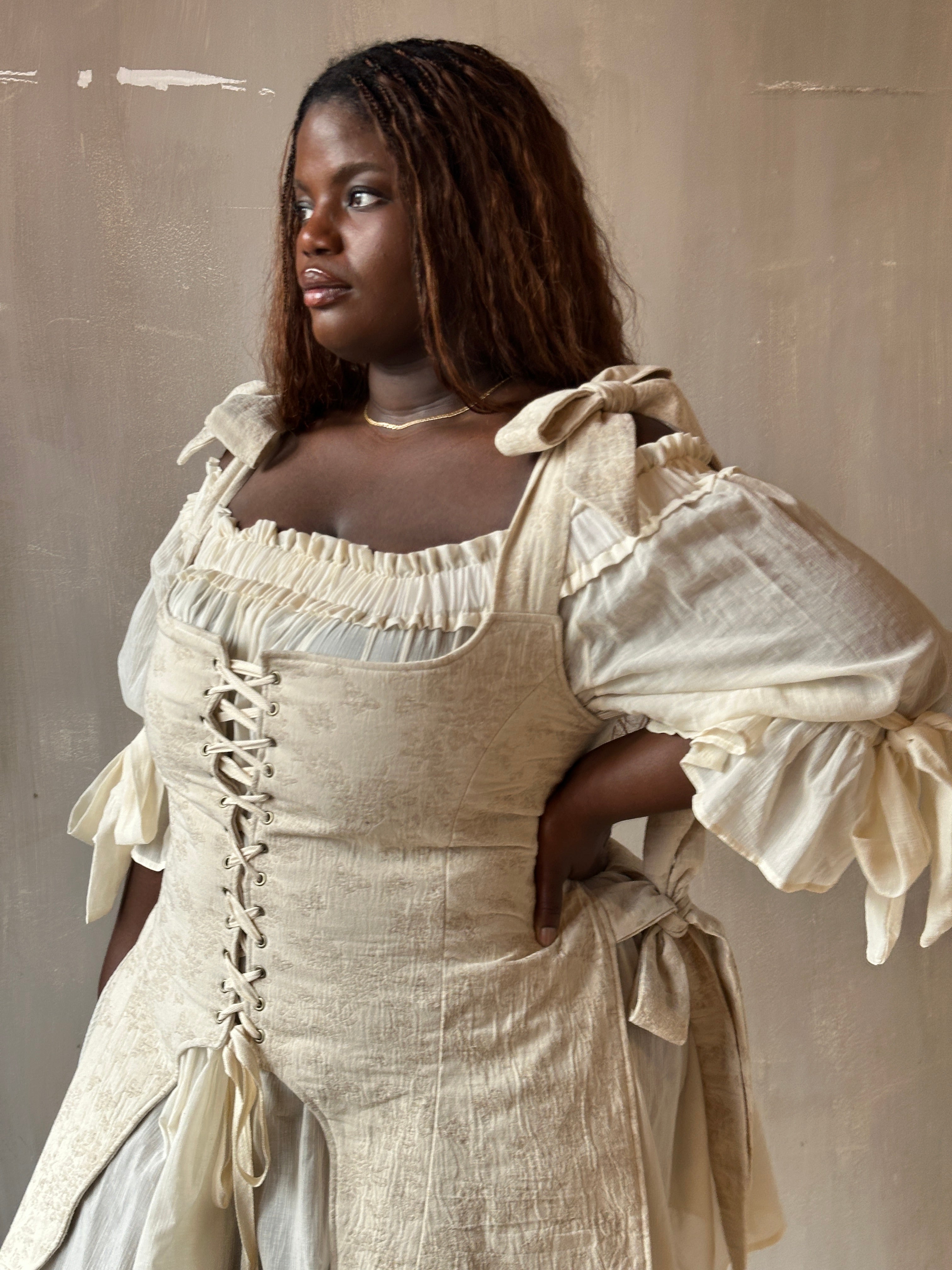 Spring '26: Pinafore Corset Vest with Bow Ties in Antique Floral Cotton (Pre-Order)