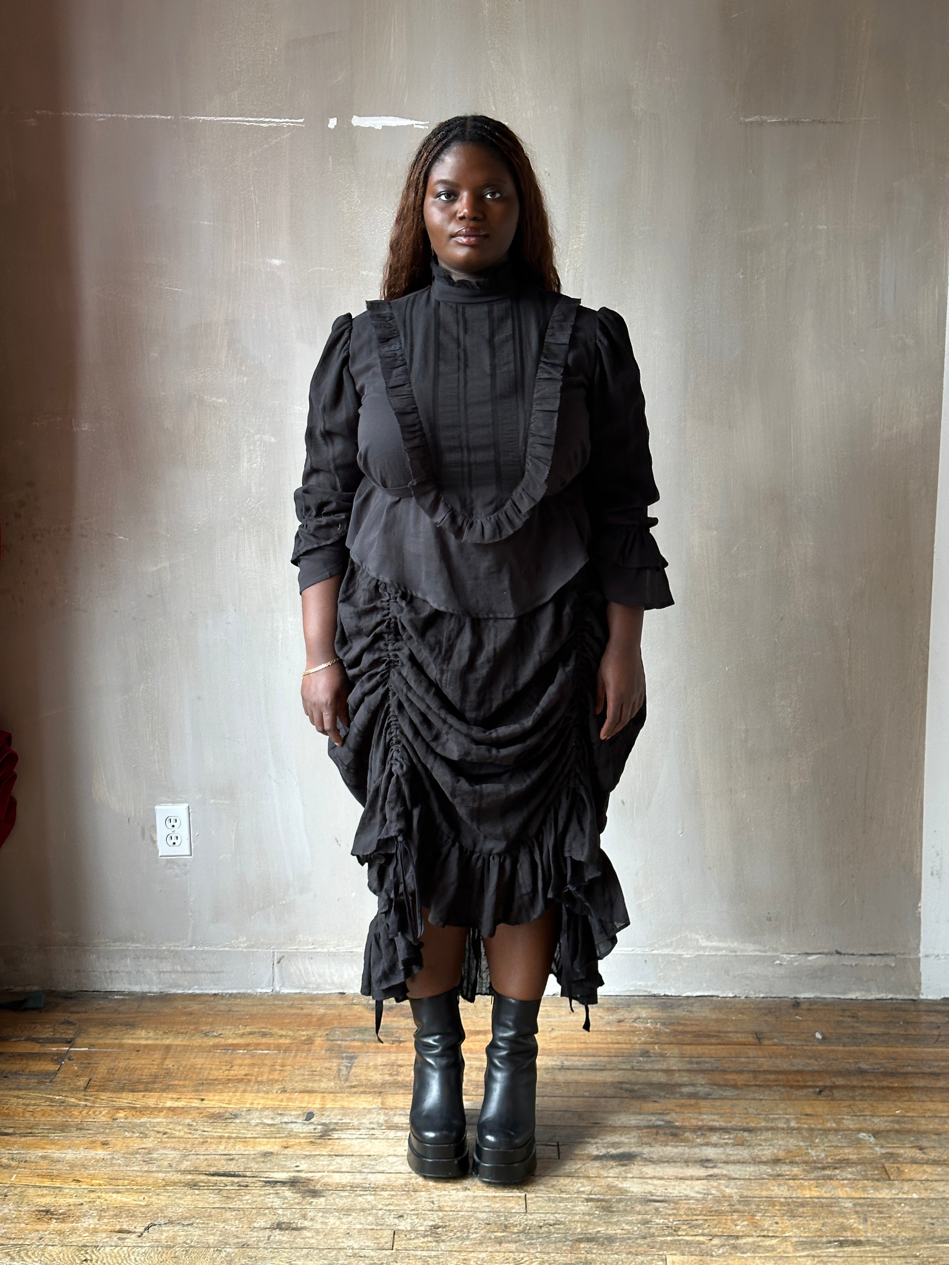 Spring'26: Drawstring Petticoat Skirt in Black Jacquard Stripe (In Stock)