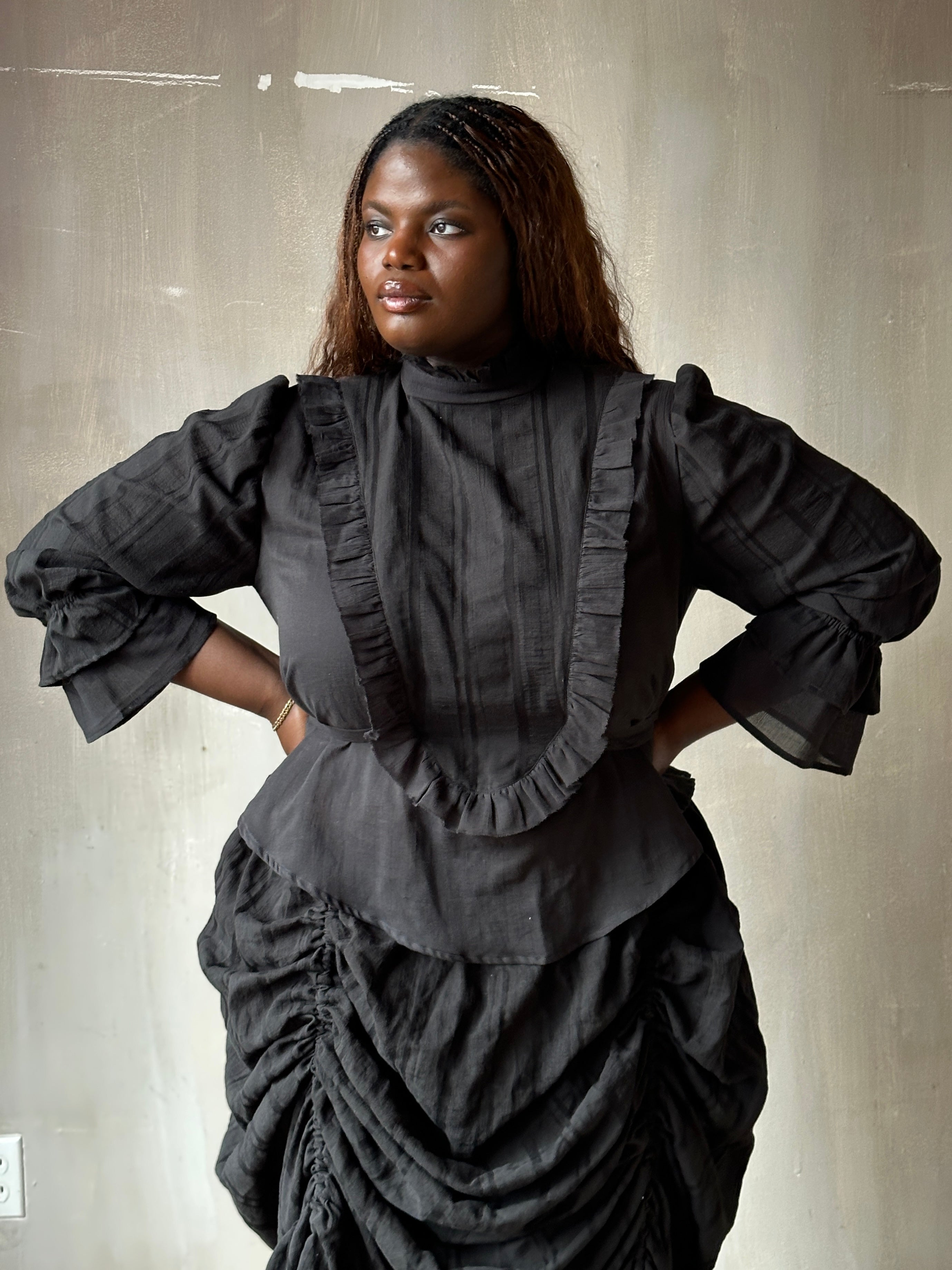 Spring '26: "Carmilla" Stand Collar Blouse in Black Cotton (Pre-Order)