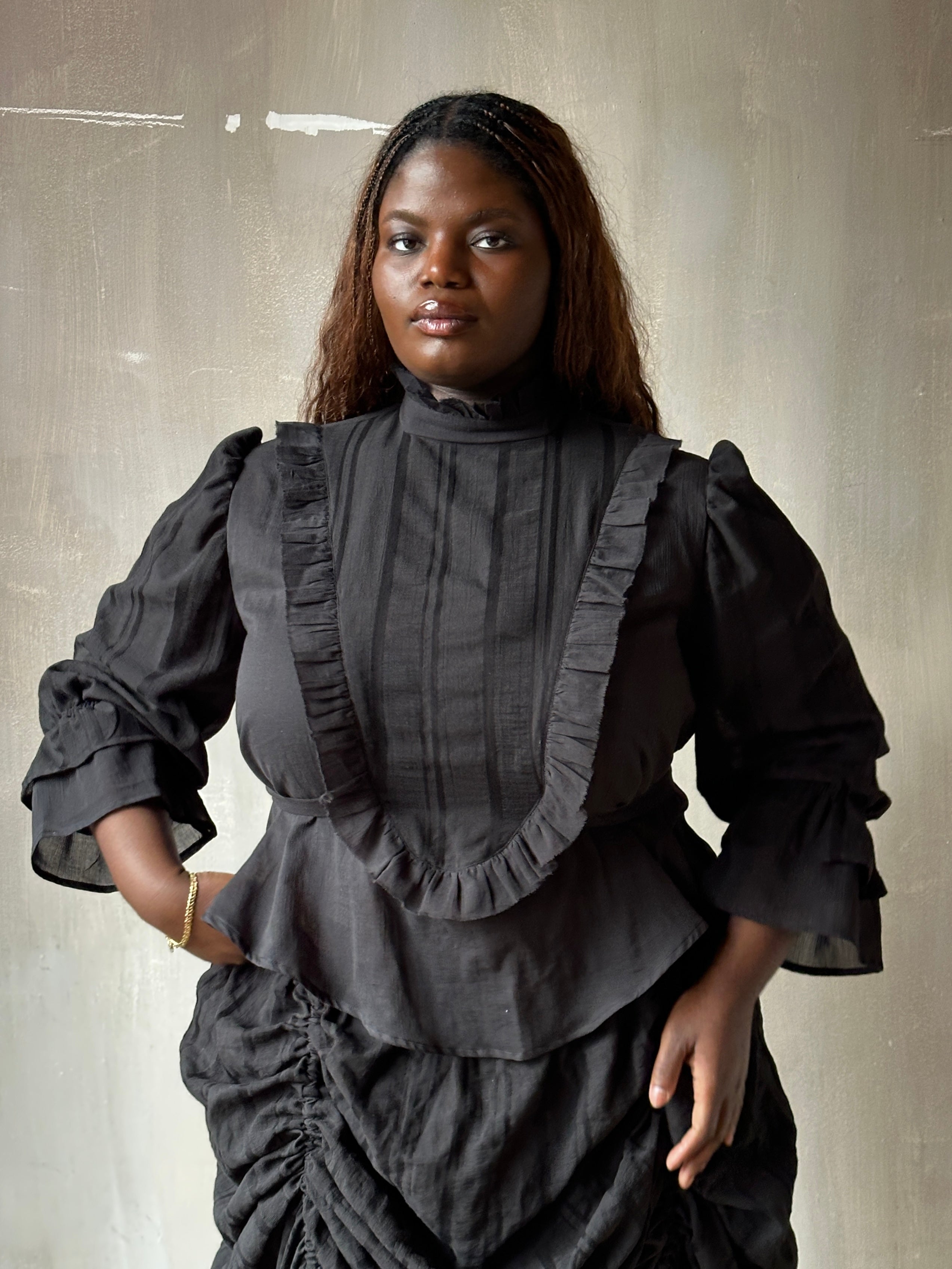 Spring '26: "Carmilla" Stand Collar Blouse in Black Cotton (Pre-Order)