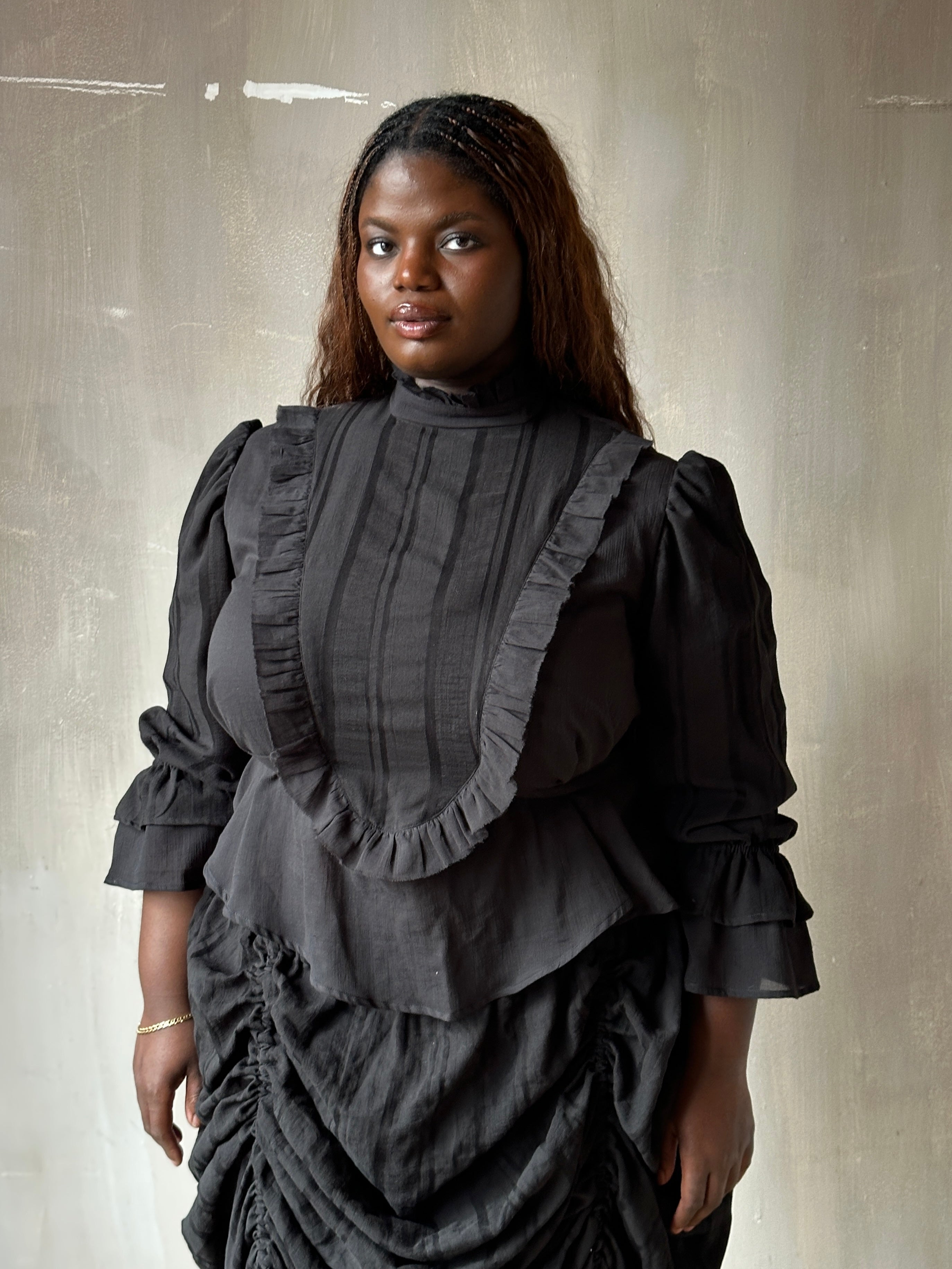 Spring '26: "Carmilla" Stand Collar Blouse in Black Cotton (Pre-Order)