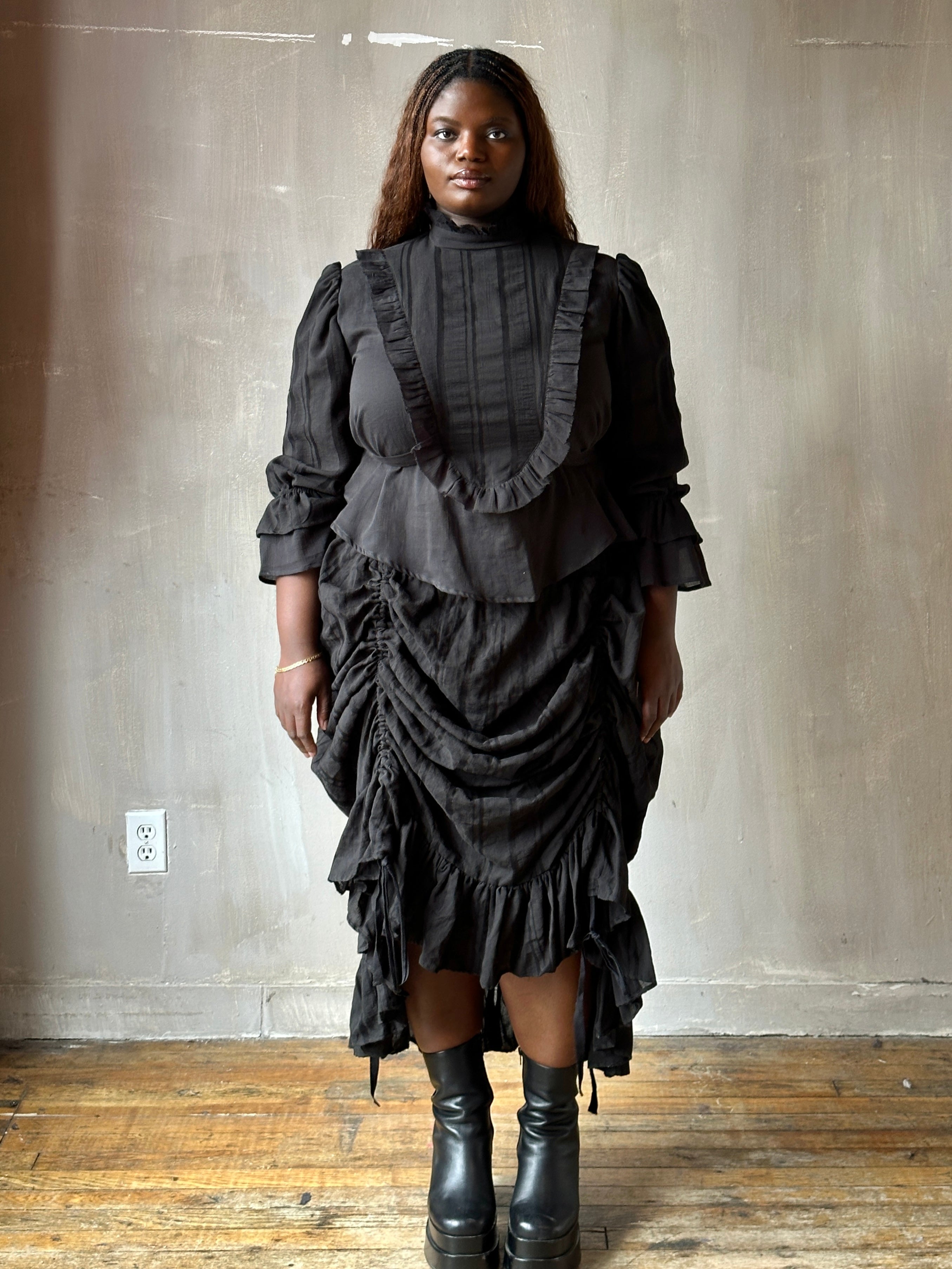 Spring'26: Drawstring Petticoat Skirt in Black Jacquard Stripe (In Stock)