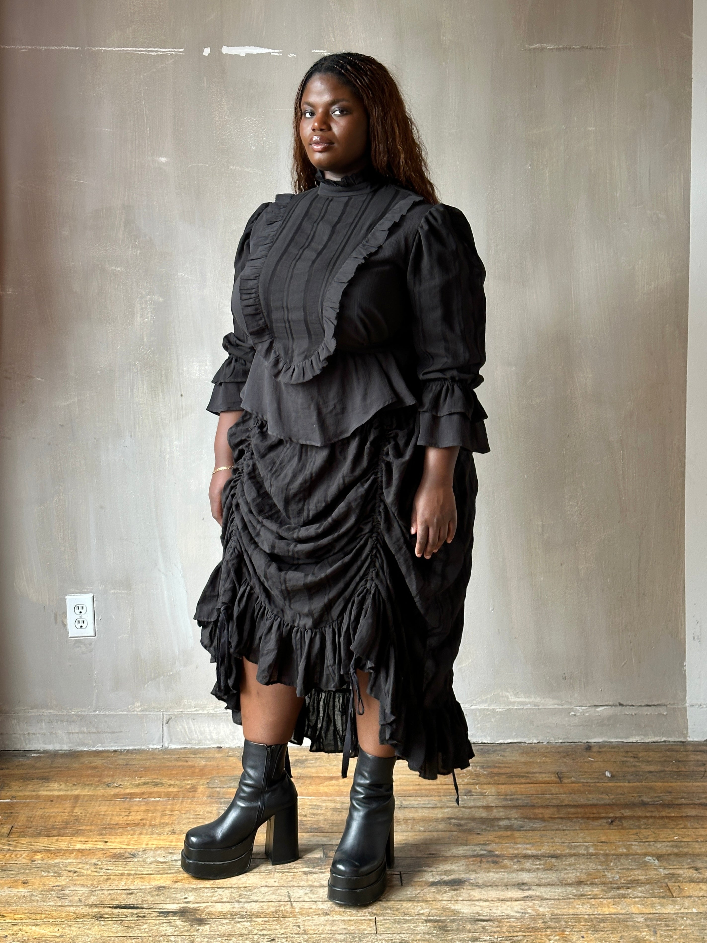Spring'26: Drawstring Petticoat Skirt in Black Jacquard Stripe (In Stock)