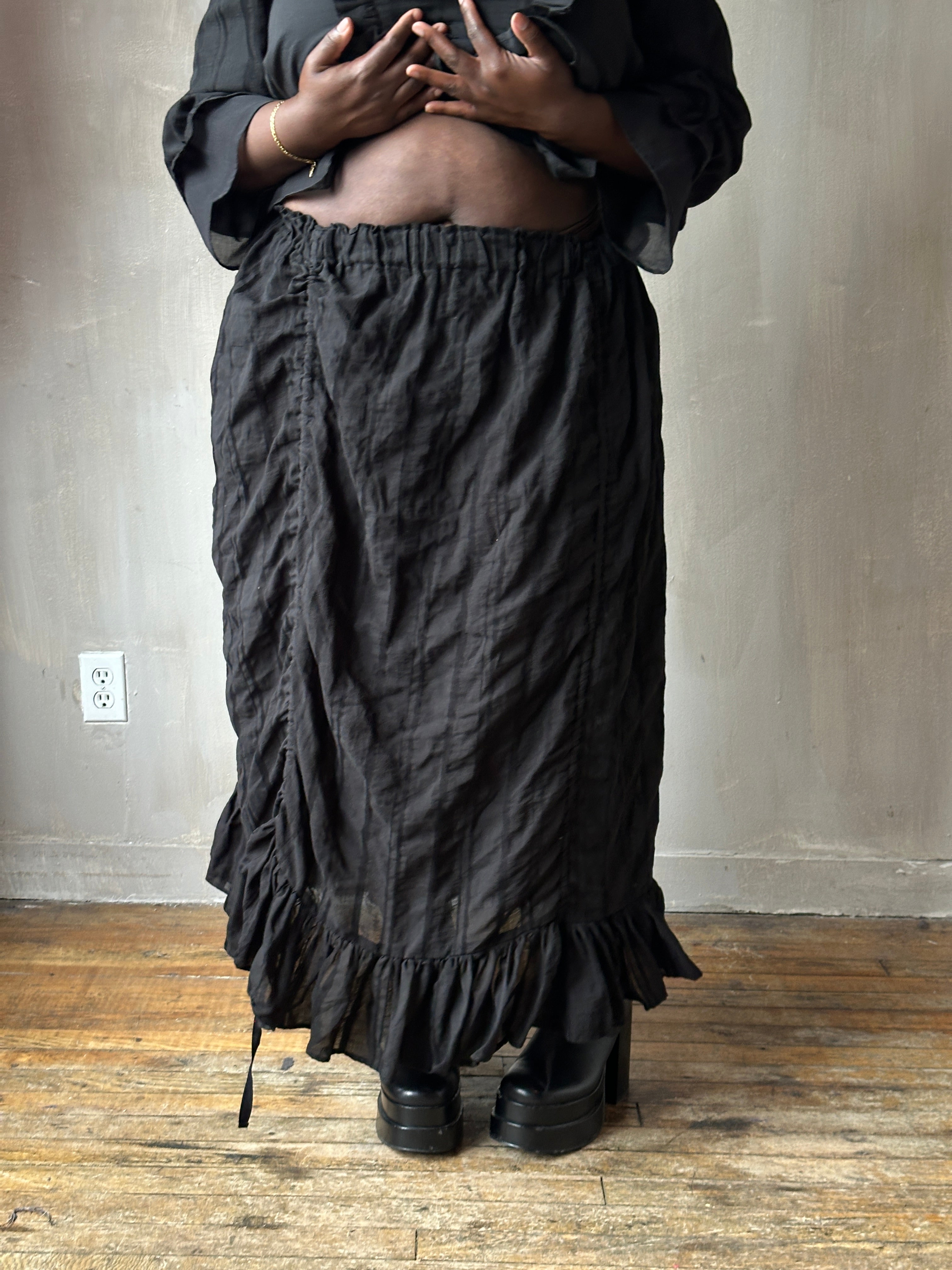 Spring'26: Drawstring Petticoat Skirt in Black Jacquard Stripe (In Stock)