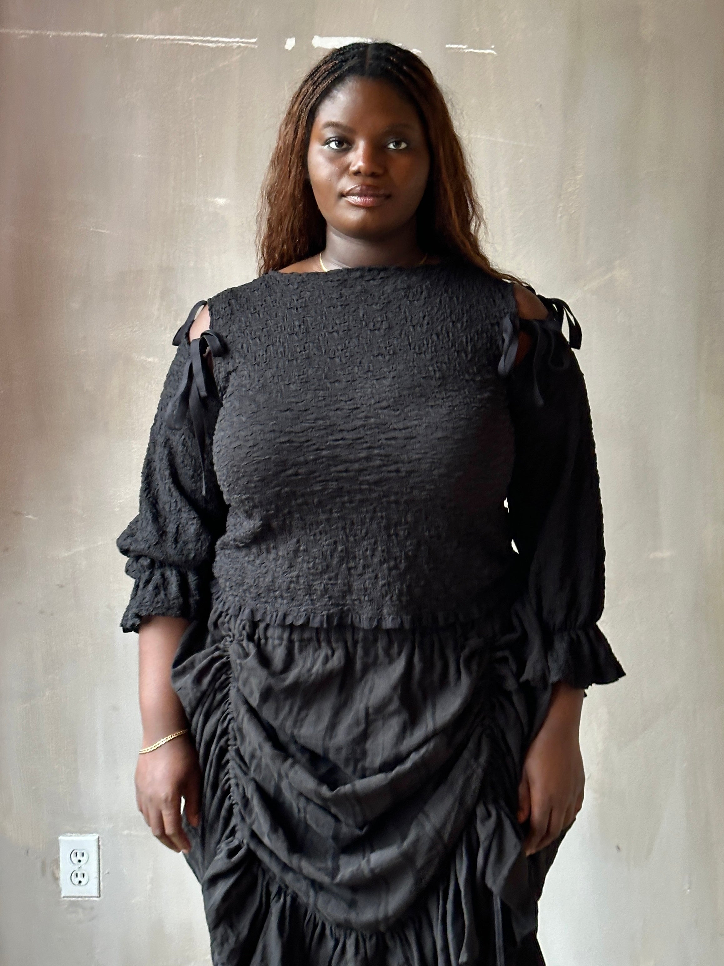 Spring'26: Detached Half Sleeve Top in Textured Black Cotton (Pre-Order)