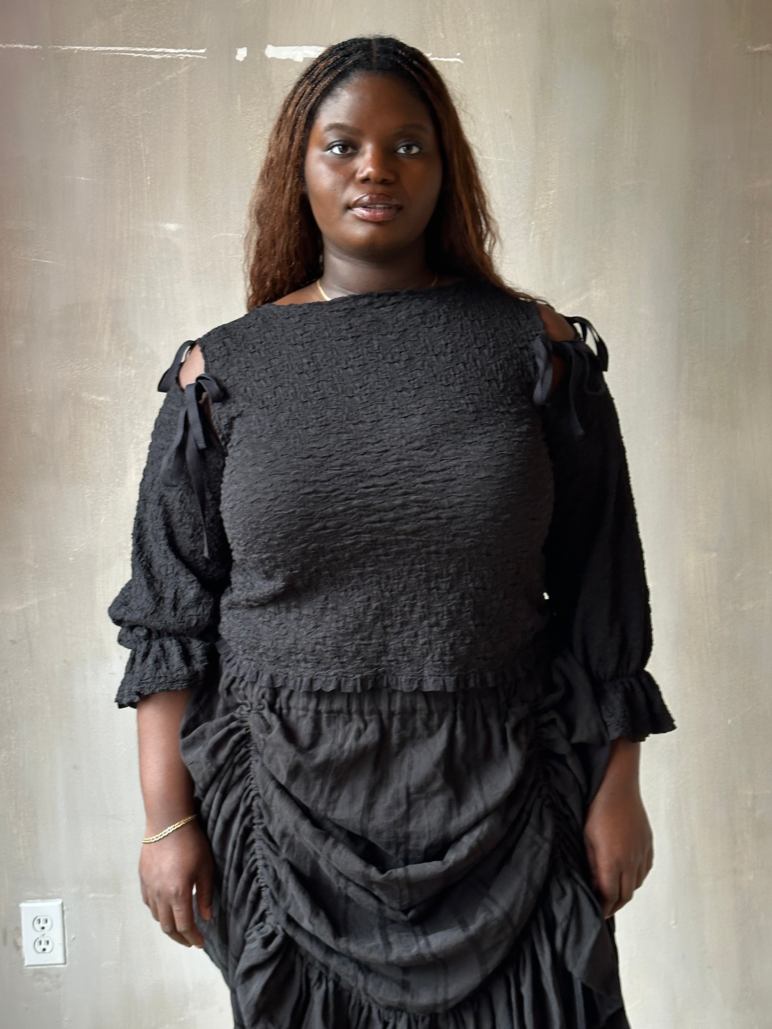 Spring'26: Detached Half Sleeve Top in Textured Black Cotton (Pre-Order)