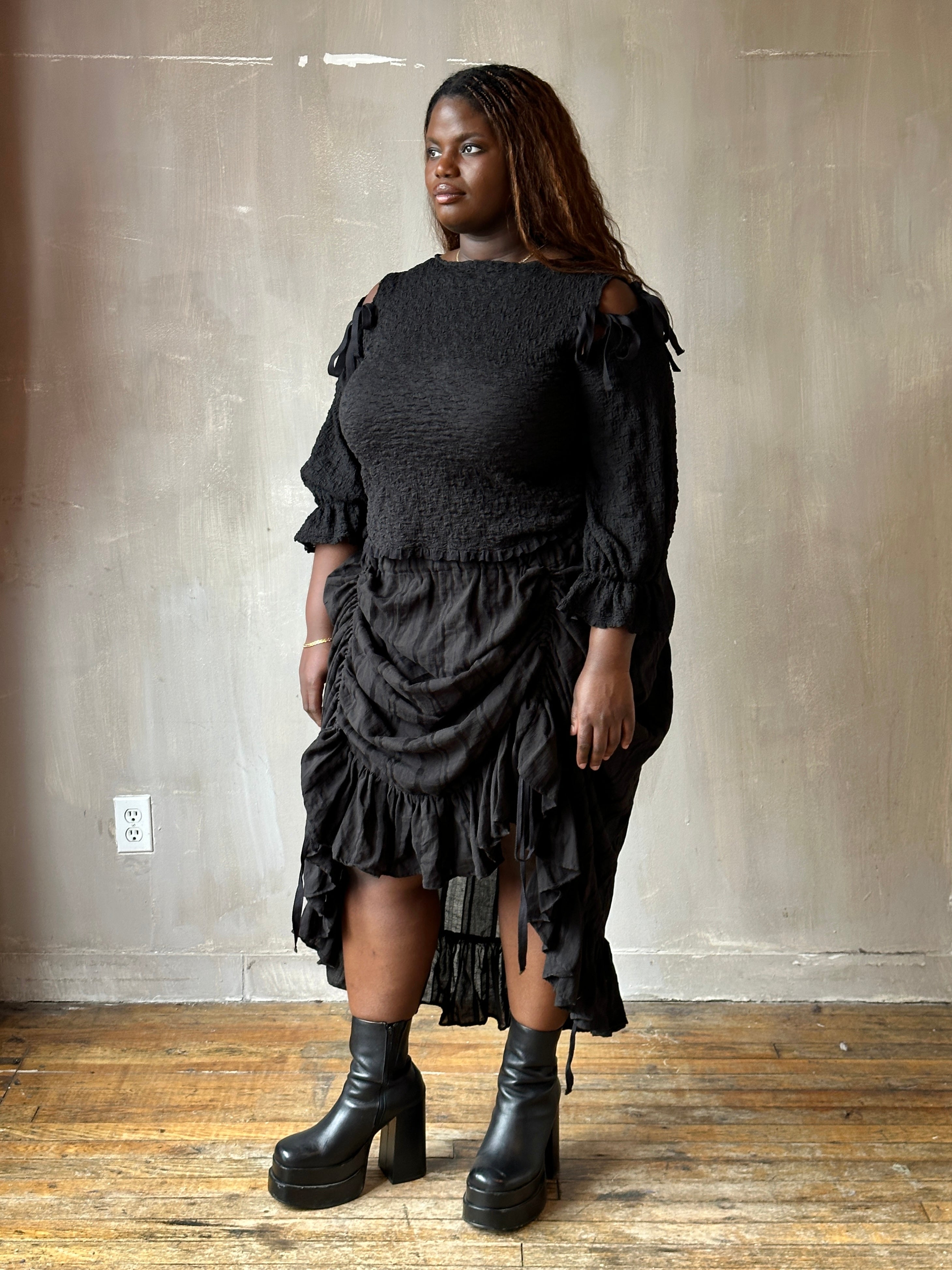 Spring'26: Detached Half Sleeve Top in Textured Black Cotton (Pre-Order)