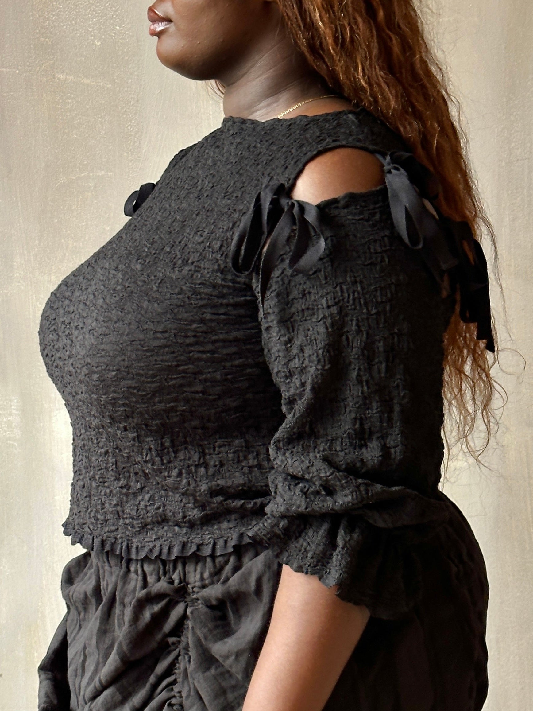 Spring'26: Detached Half Sleeve Top in Textured Black Cotton (Pre-Order)
