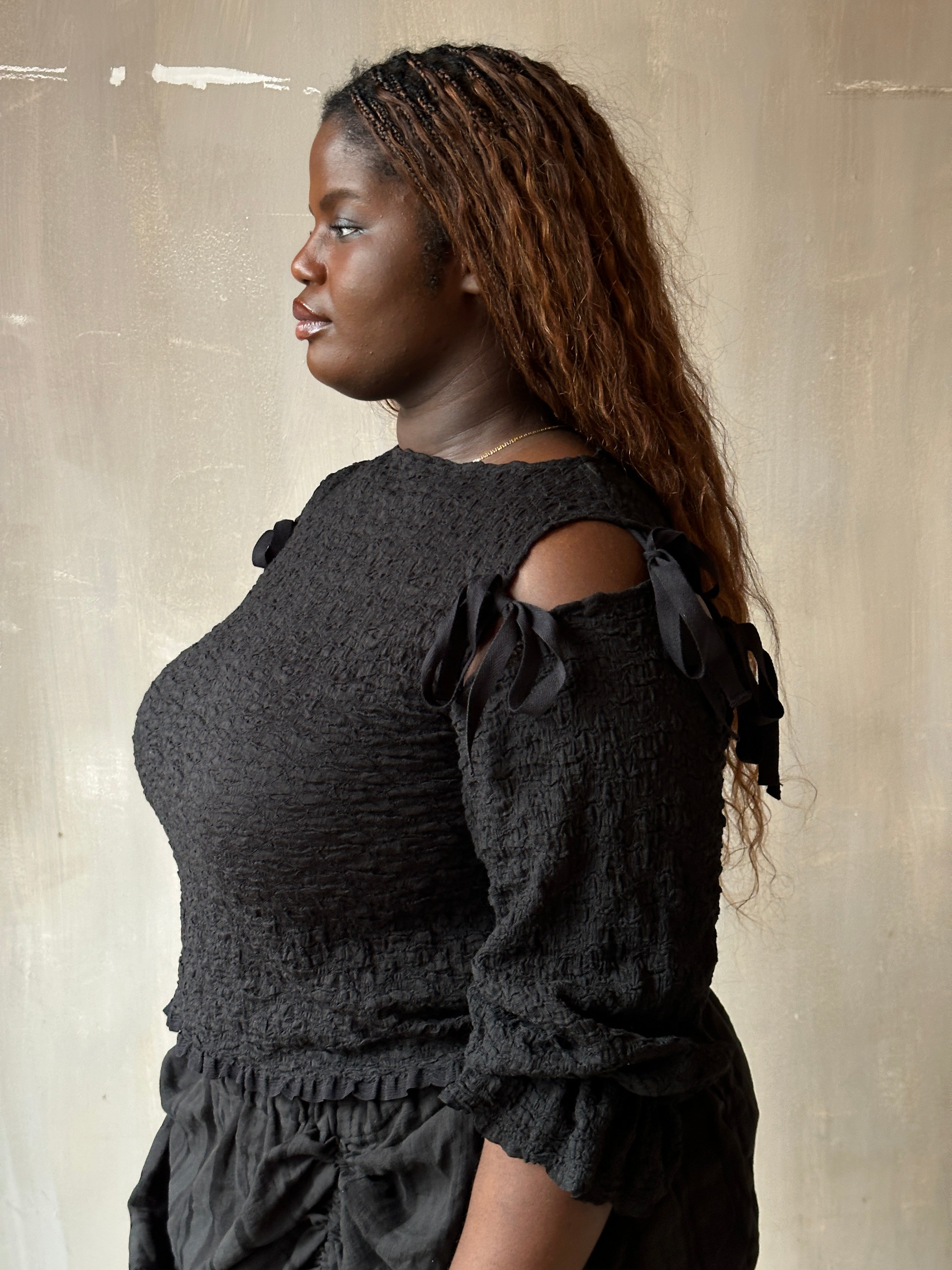 Spring'26: Detached Half Sleeve Top in Textured Black Cotton (Pre-Order)