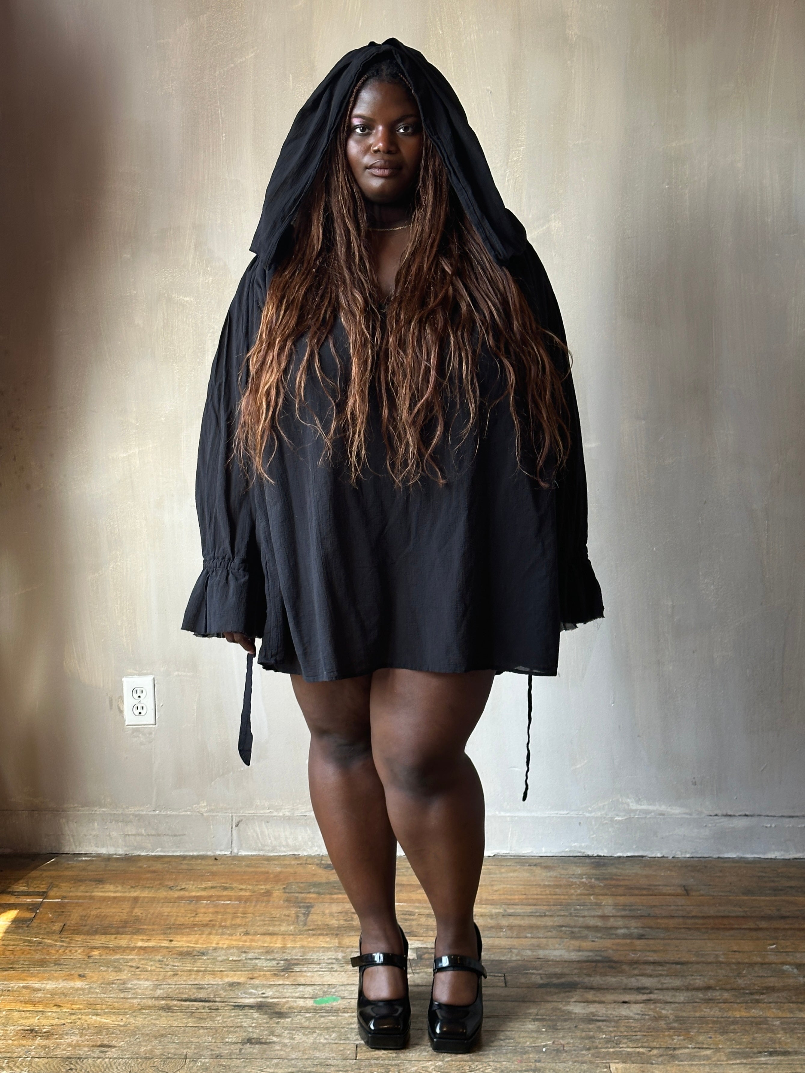 Spring '25: Hooded Alchemist Chemise in Black Cotton Gauze (Pre-Order)