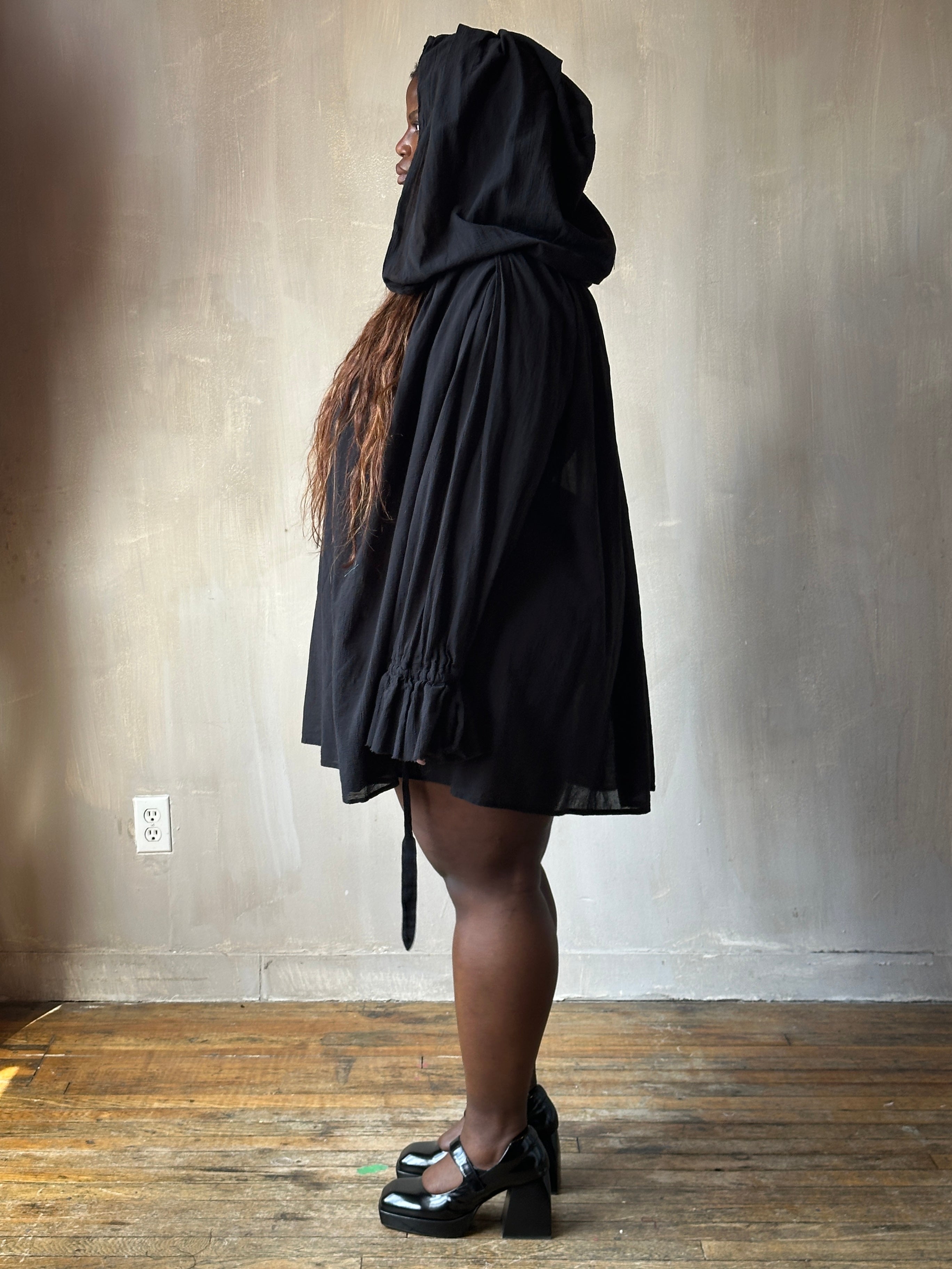 Spring '25: Hooded Alchemist Chemise in Black Cotton Gauze (Pre-Order)
