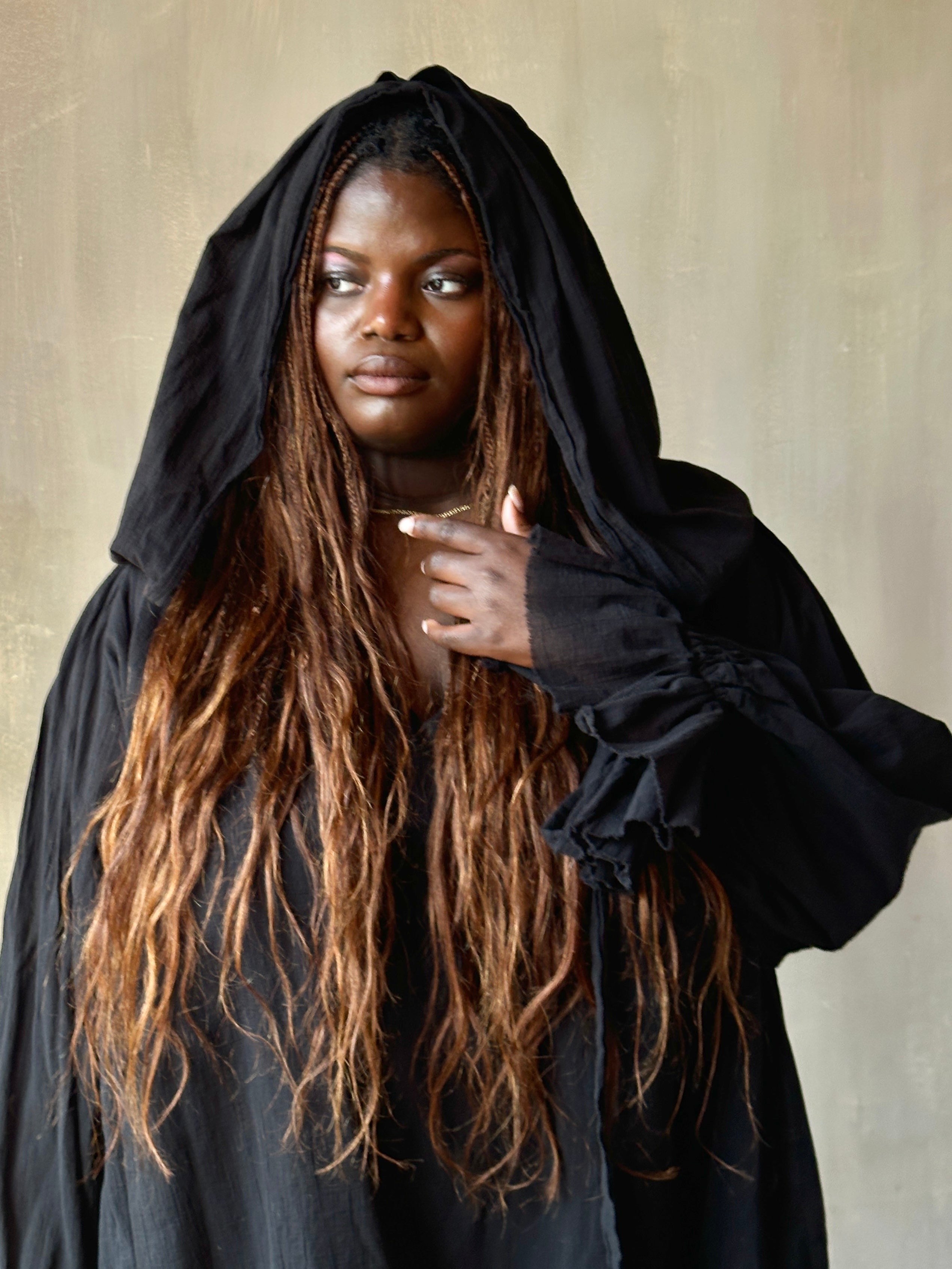 Spring '25: Hooded Alchemist Chemise in Black Cotton Gauze (Pre-Order)