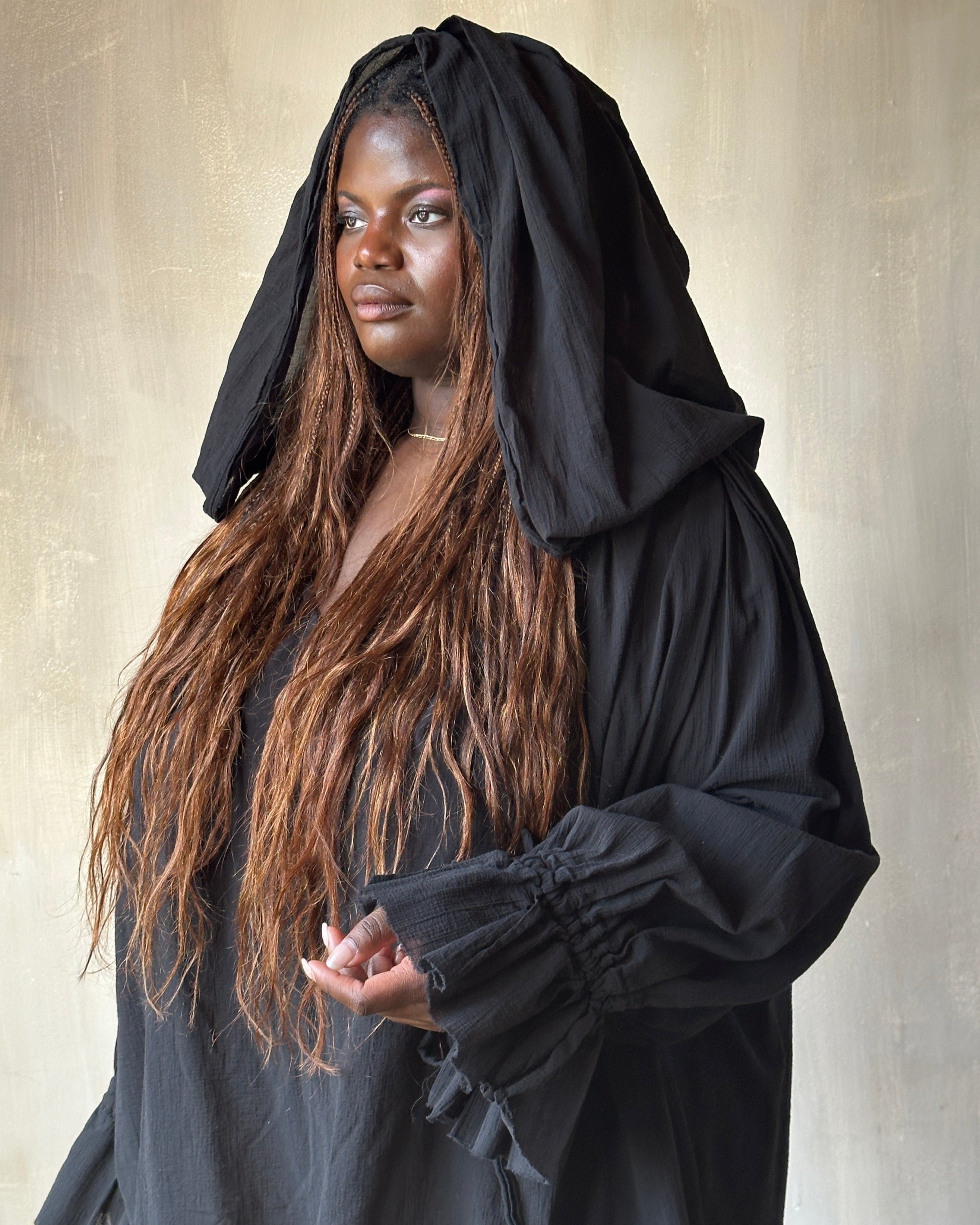 Spring '25: Hooded Alchemist Chemise in Black Cotton Gauze (Pre-Order)