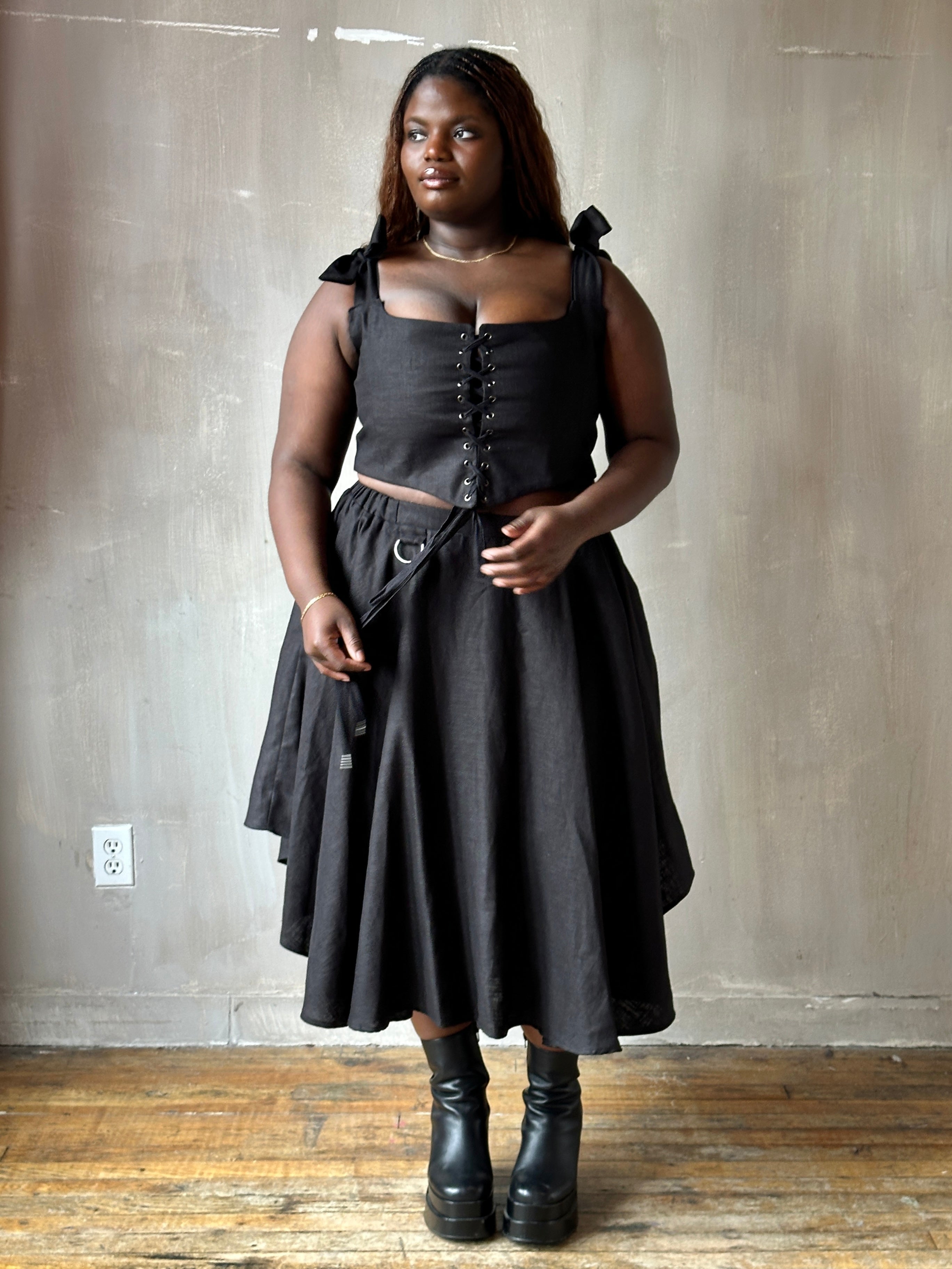 Spring '26: Pastorale Skirt w/Adjustable Hem in Black Linen (Pre-Order)