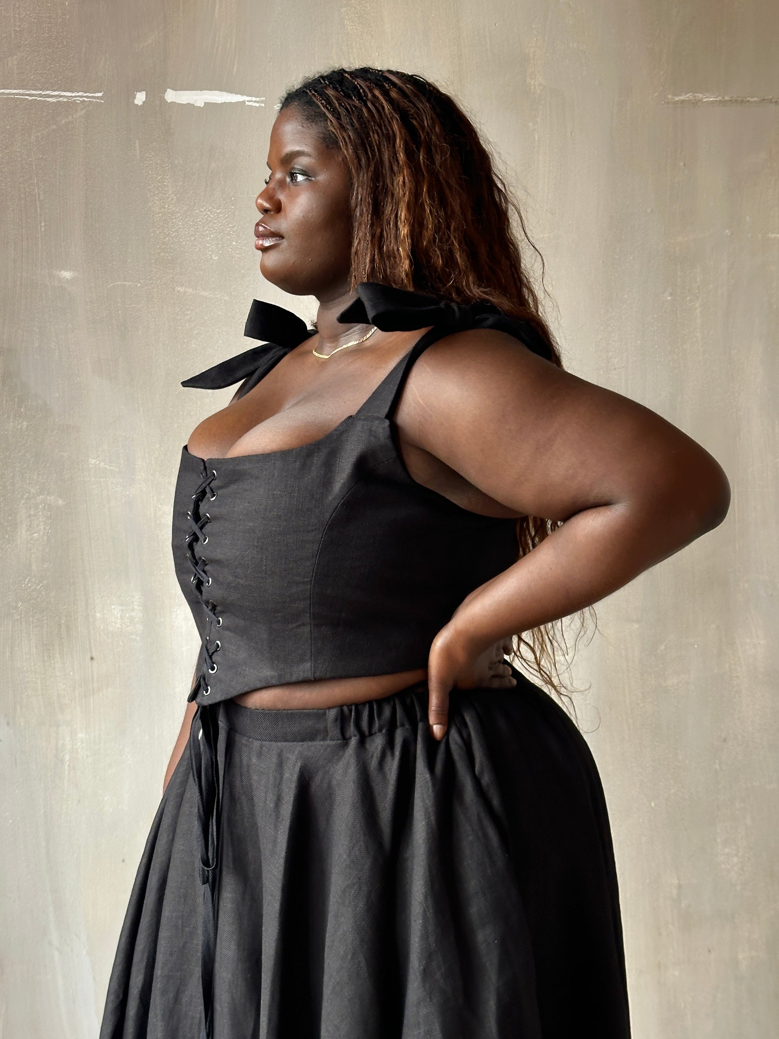 Spring '26: Corset Vest with Bow Ties in Black Linen (Pre-Order)