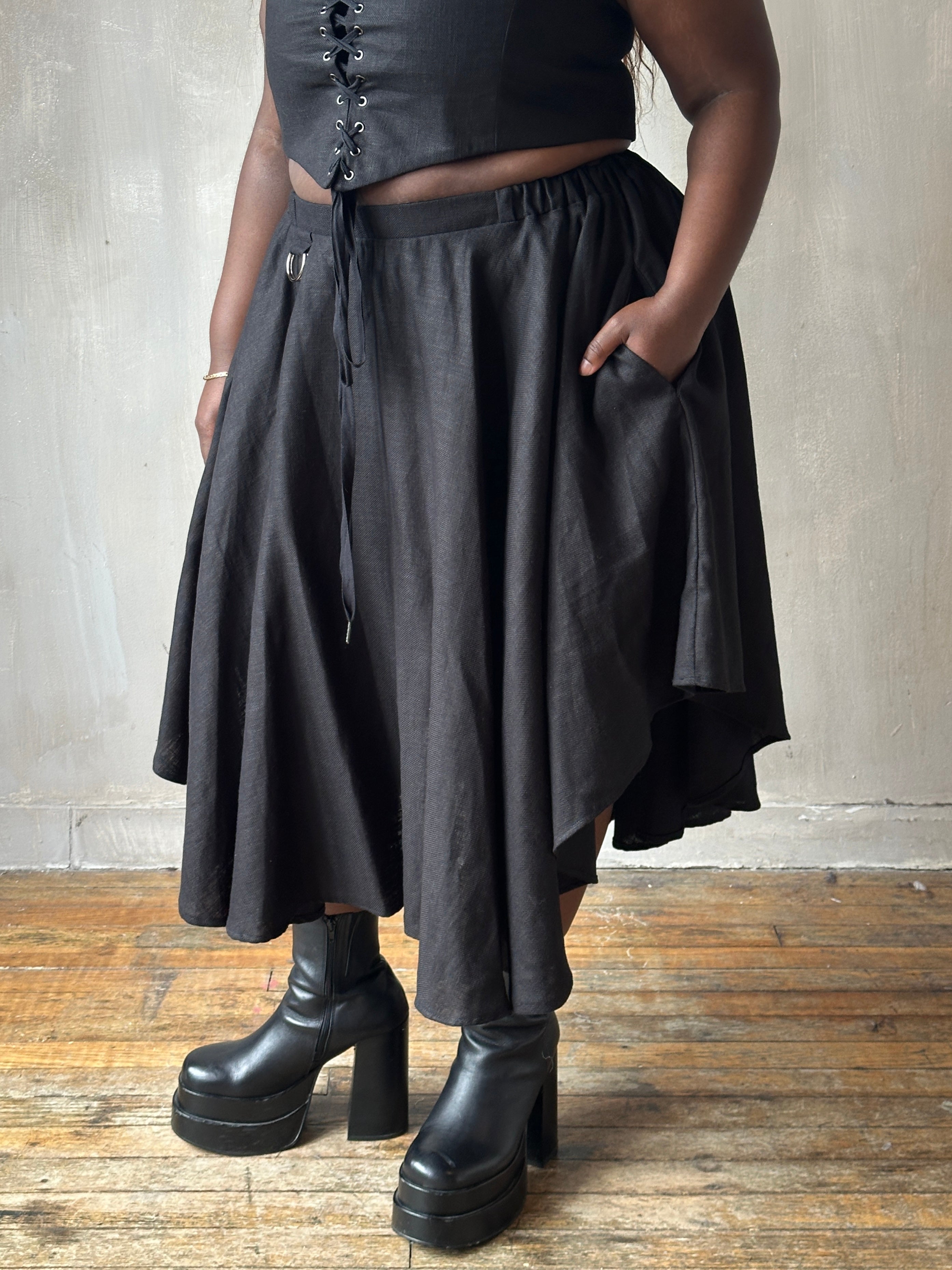 Spring '26: Pastorale Skirt w/Adjustable Hem in Black Linen (Pre-Order)