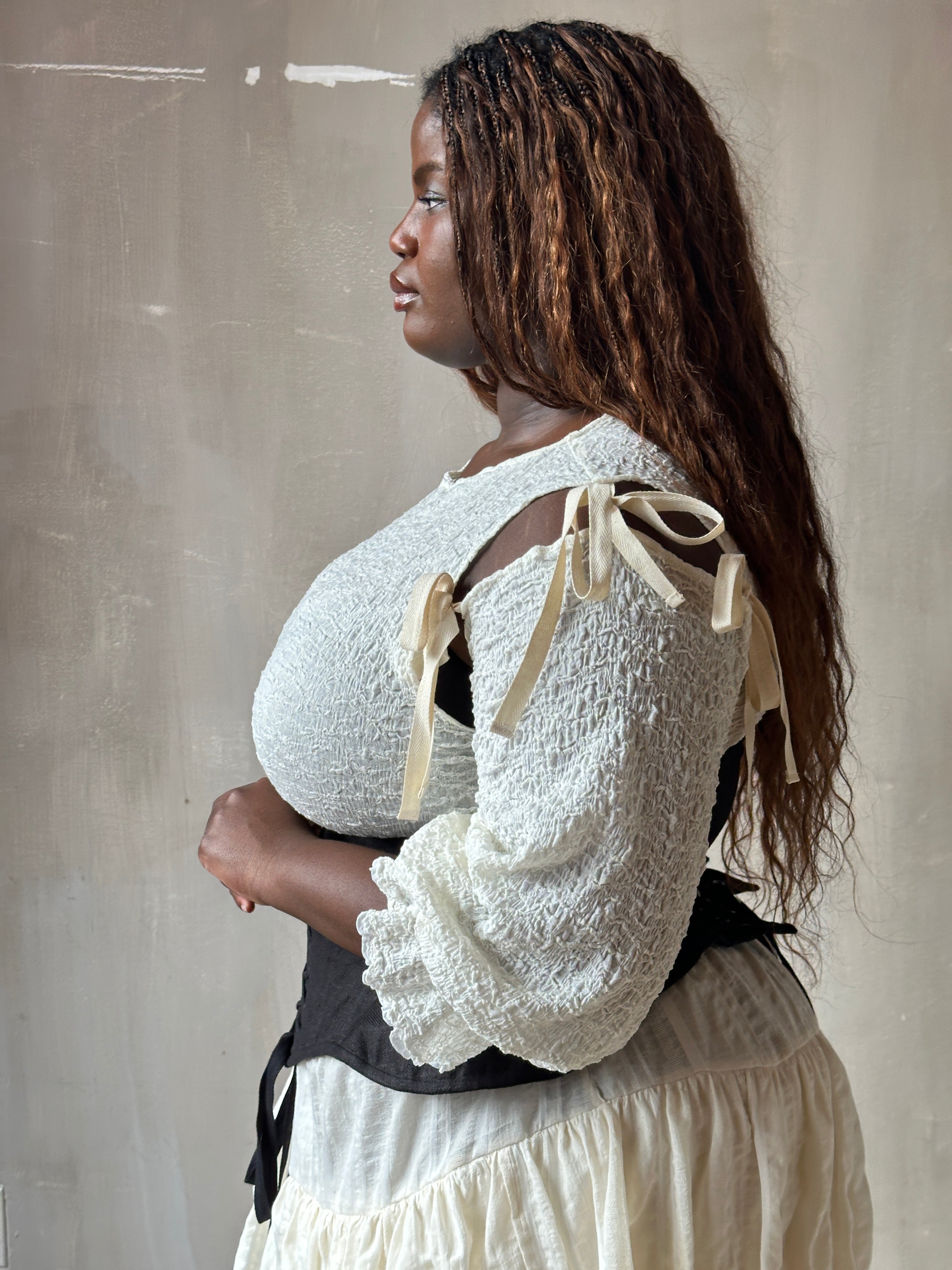 Spring'26: Detached Half Sleeve Top in Textured Ivory Cotton (Pre-Order)