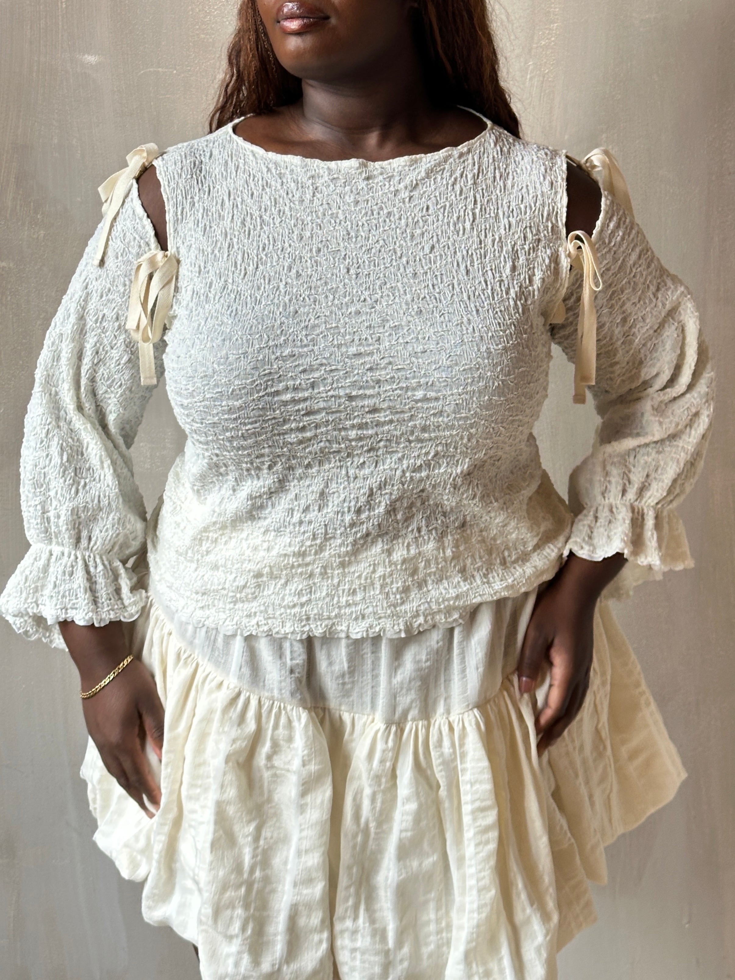 Spring'26: Detached Half Sleeve Top in Textured Ivory Cotton (Pre-Order)