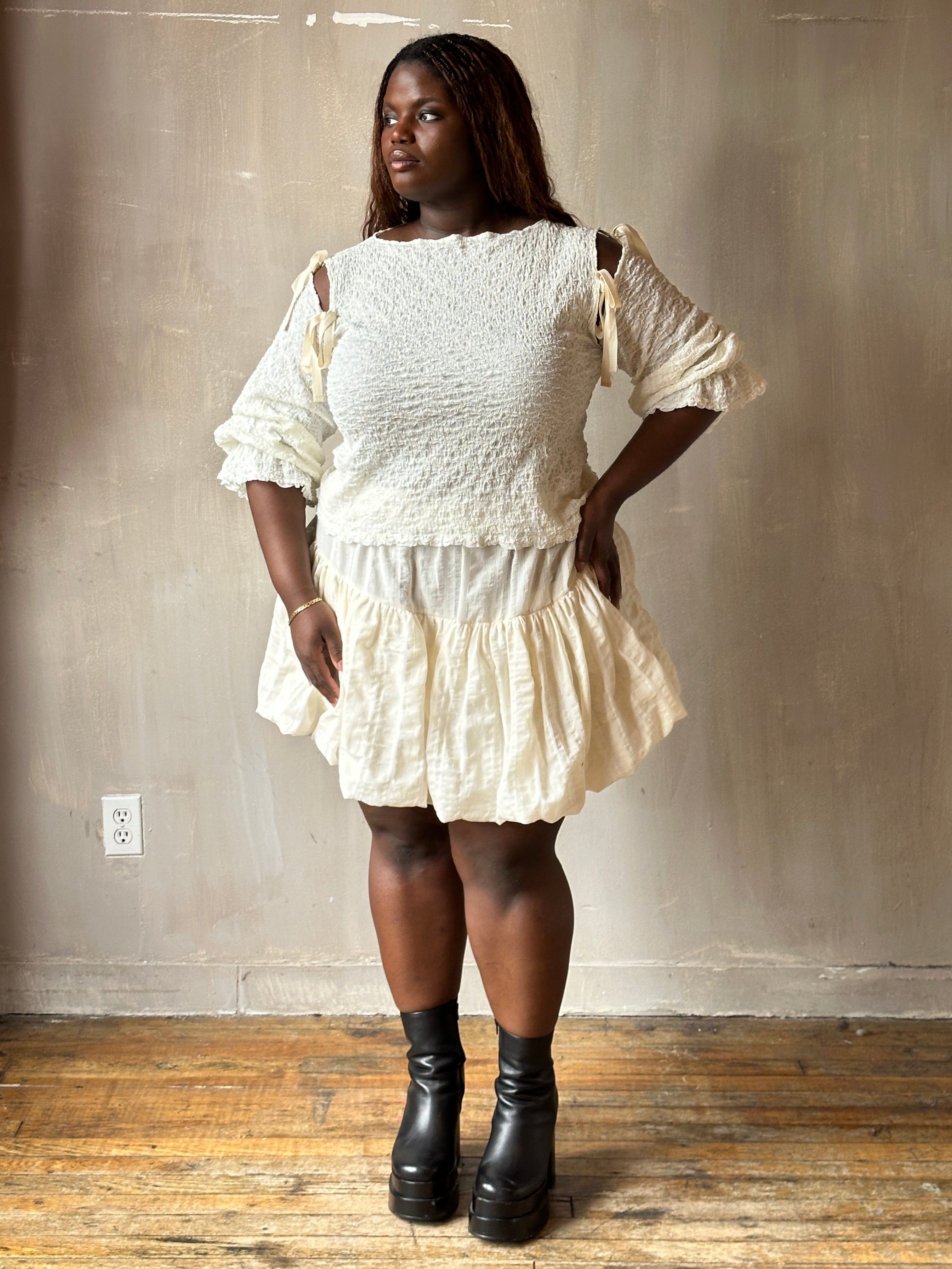 Spring'26: Detached Half Sleeve Top in Textured Ivory Cotton (Pre-Order)