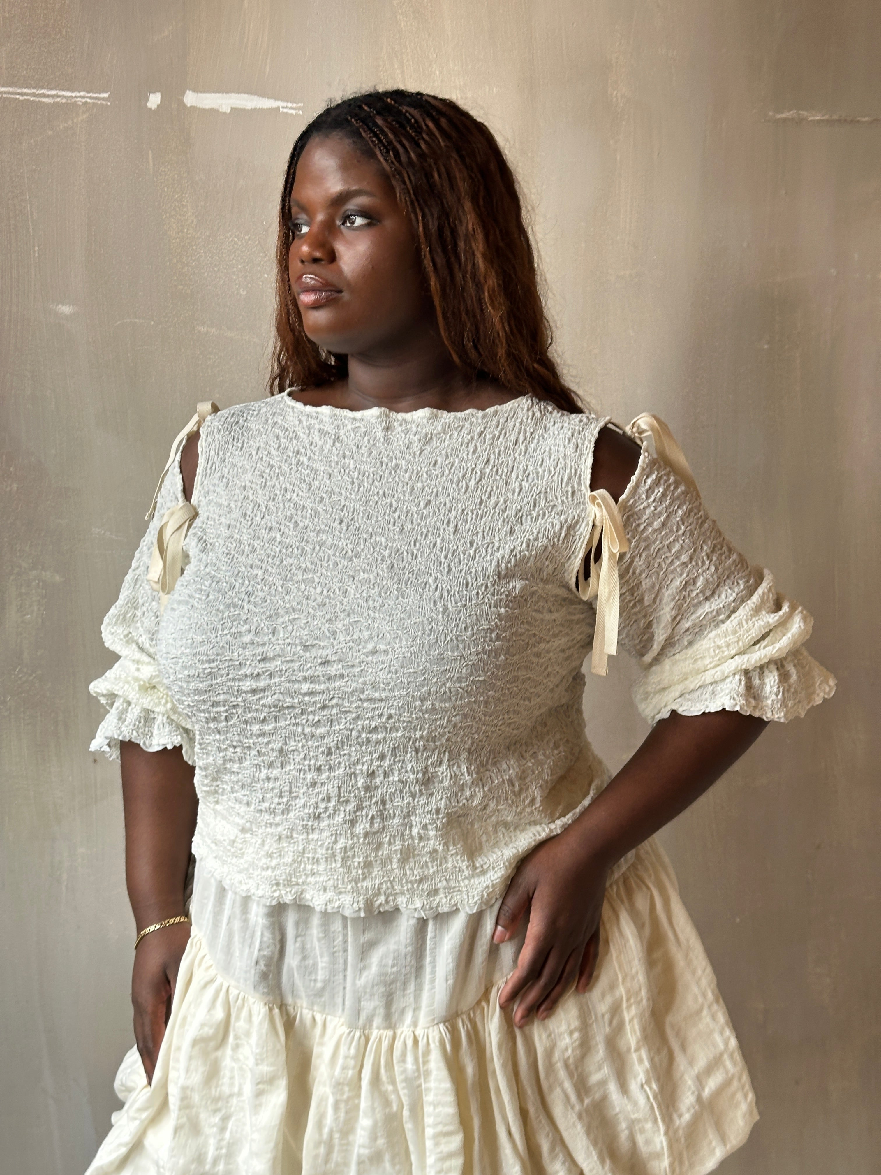 Spring'26: Detached Half Sleeve Top in Textured Ivory Cotton (Pre-Order)