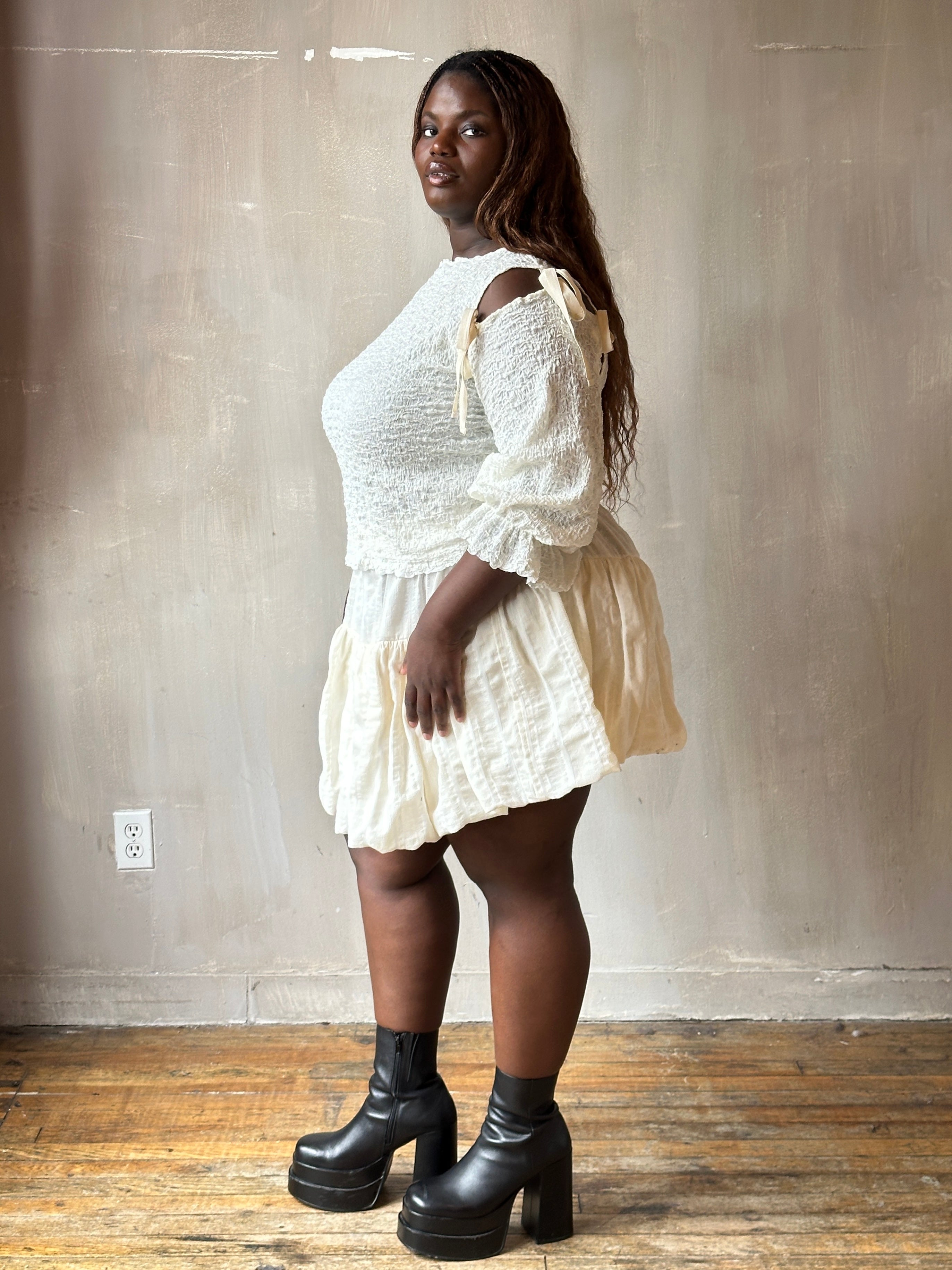 Spring'26: Detached Half Sleeve Top in Textured Ivory Cotton (Pre-Order)