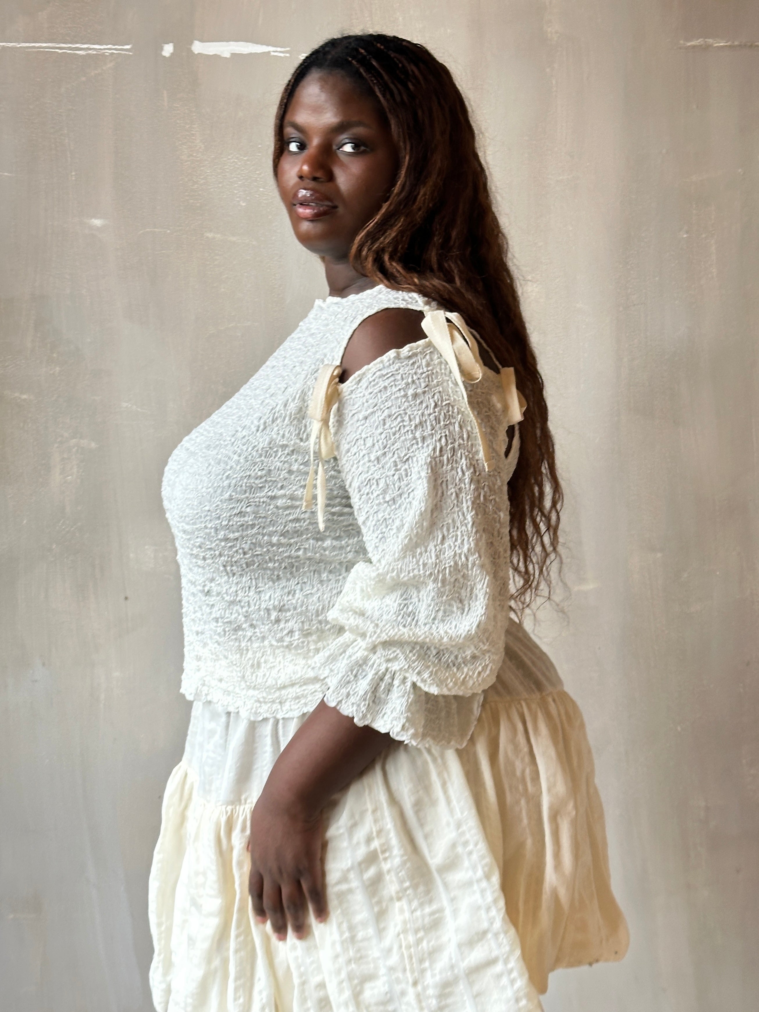 Spring'26: Detached Half Sleeve Top in Textured Ivory Cotton (Pre-Order)