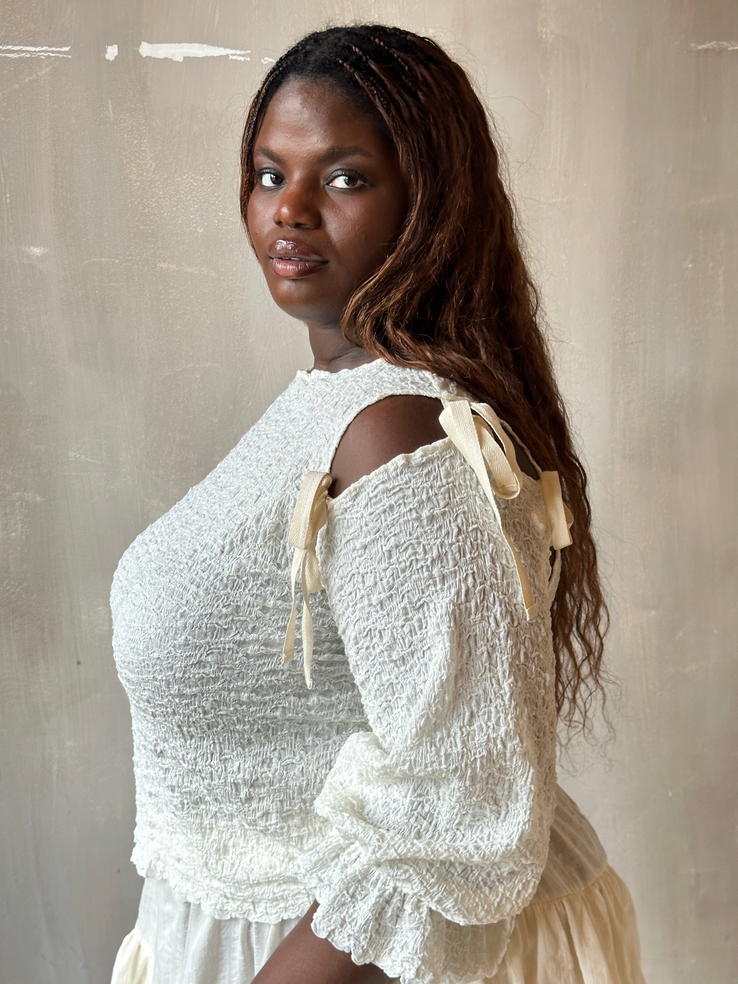 Spring'26: Detached Half Sleeve Top in Textured Ivory Cotton (Pre-Order)