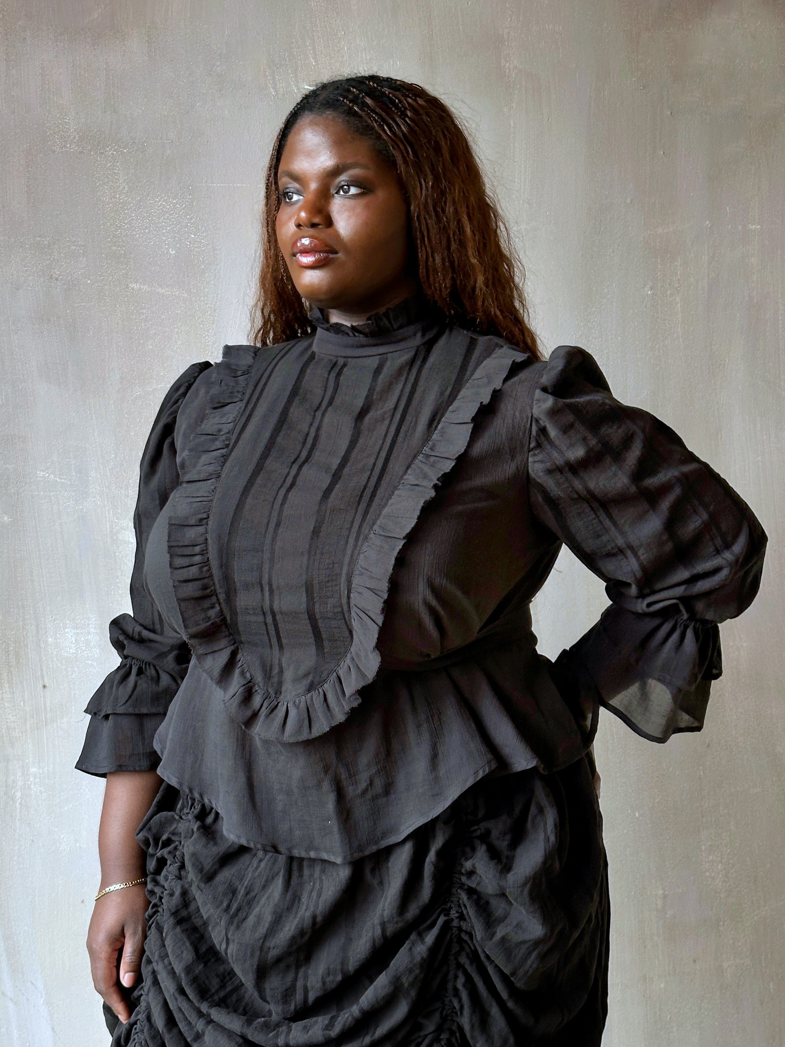 Spring '26: "Carmilla" Stand Collar Blouse in Black Cotton (Pre-Order)