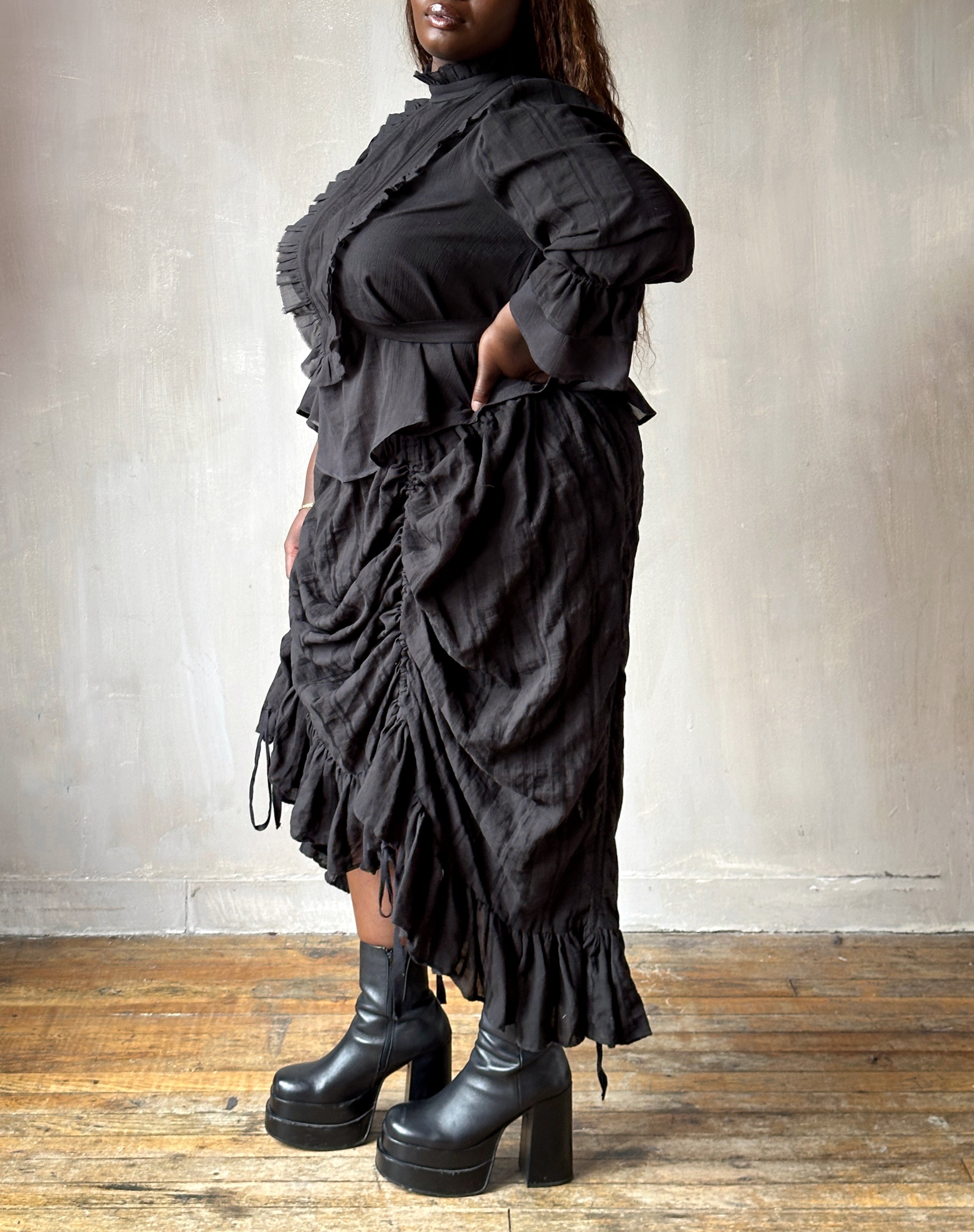 Spring '26: "Carmilla" Stand Collar Blouse in Black Cotton (Pre-Order)