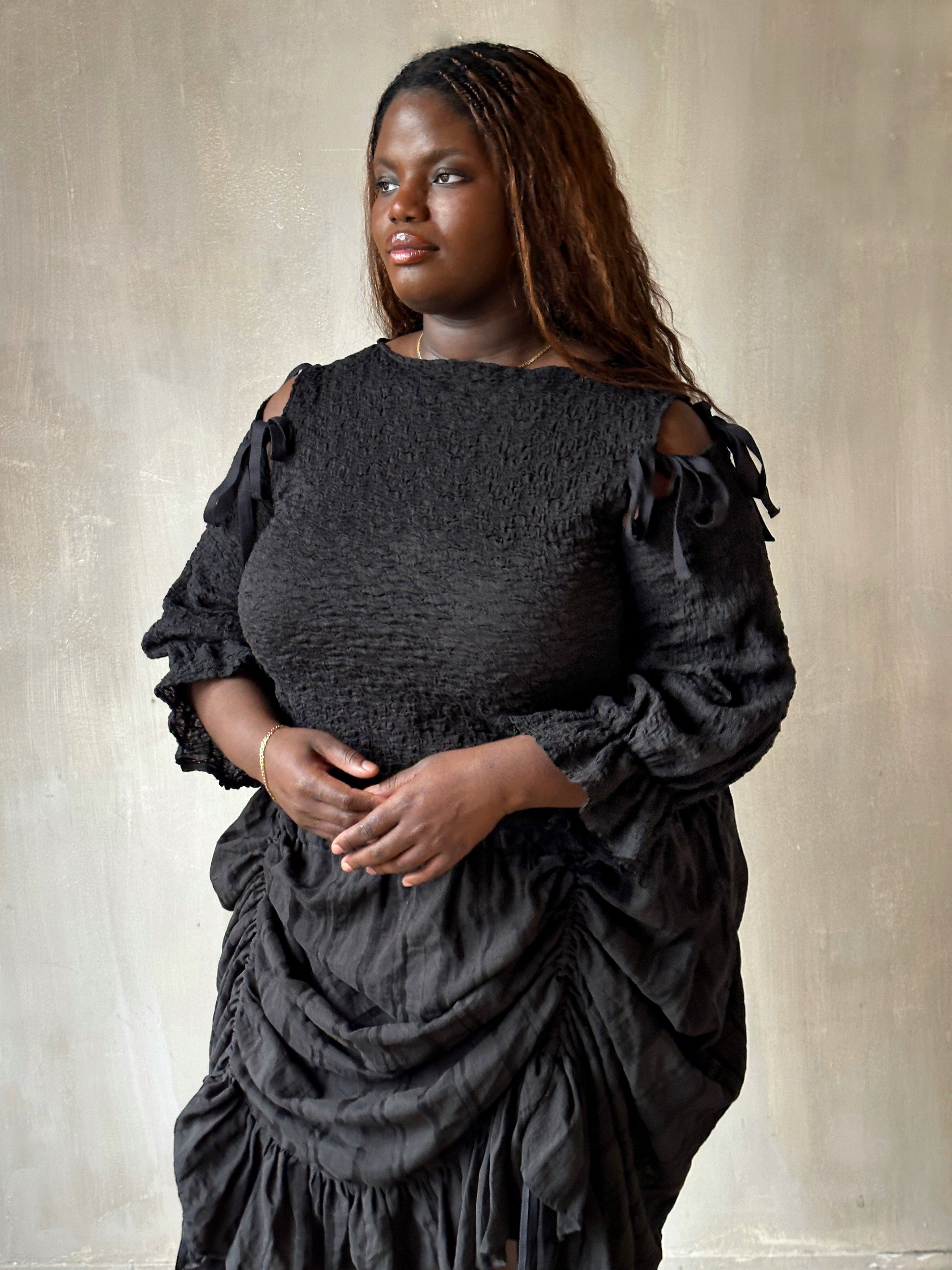 Spring'26: Detached Half Sleeve Top in Textured Black Cotton (Pre-Order)