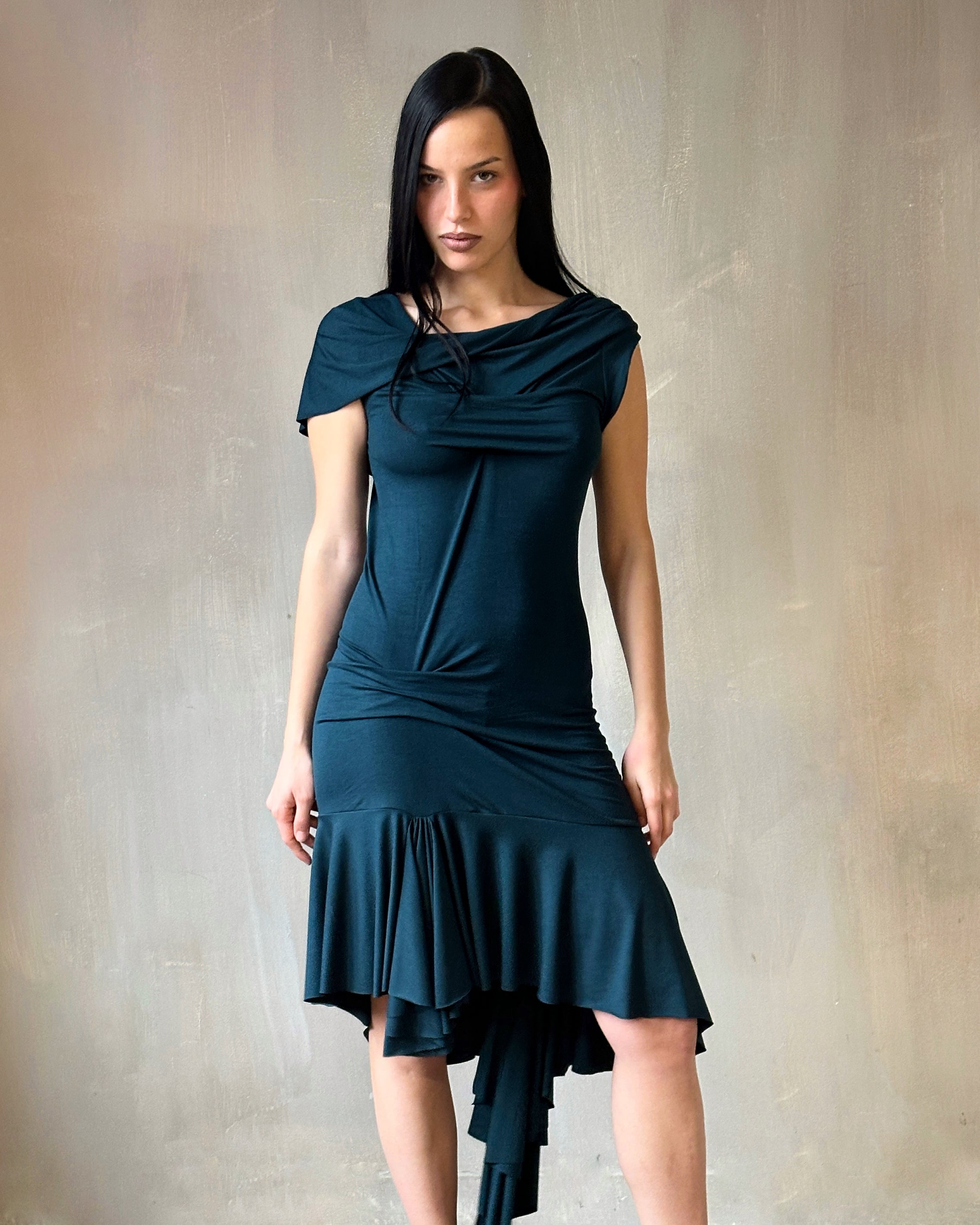 Spring '25: Jersey Draped Cap Sleeve Dress in Teal Bamboo (Pre-Order)