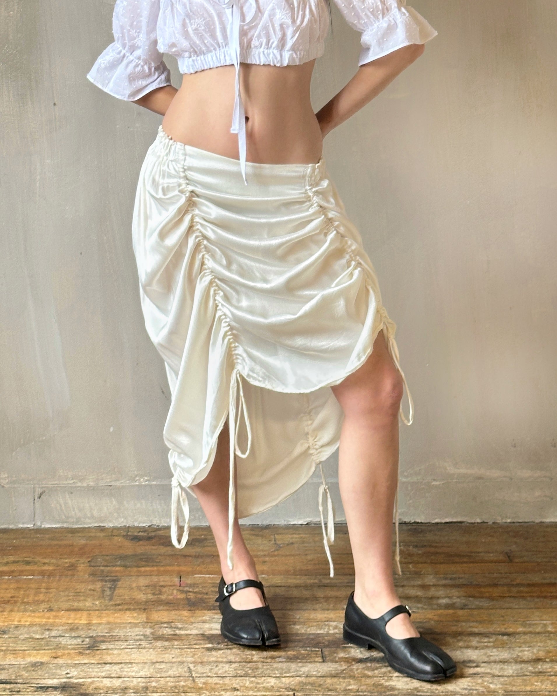 Spring '25: Drawstring Skirt in White Satin (Pre-Order)