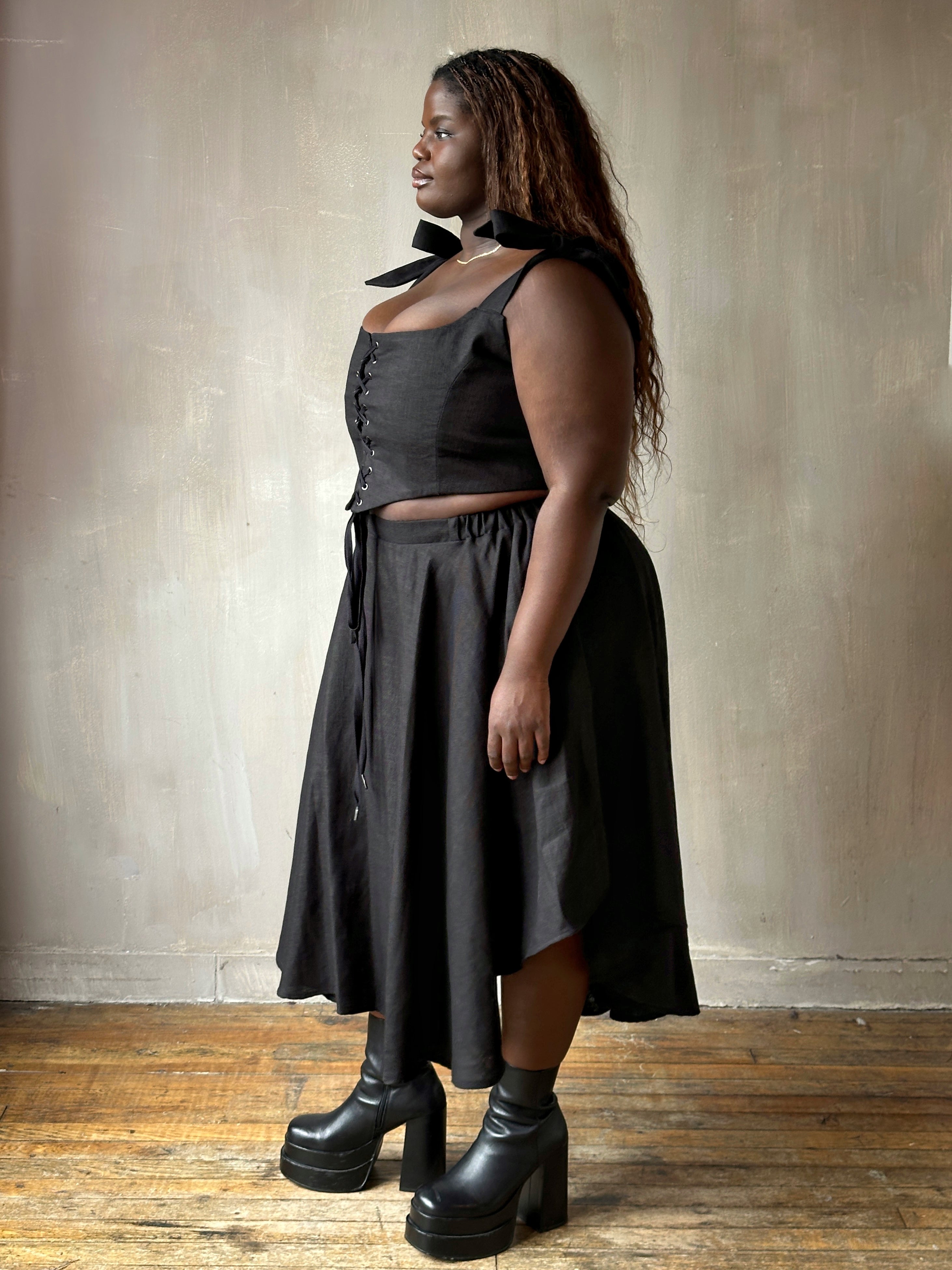 Spring '26: Corset Vest with Bow Ties in Black Linen (Pre-Order)