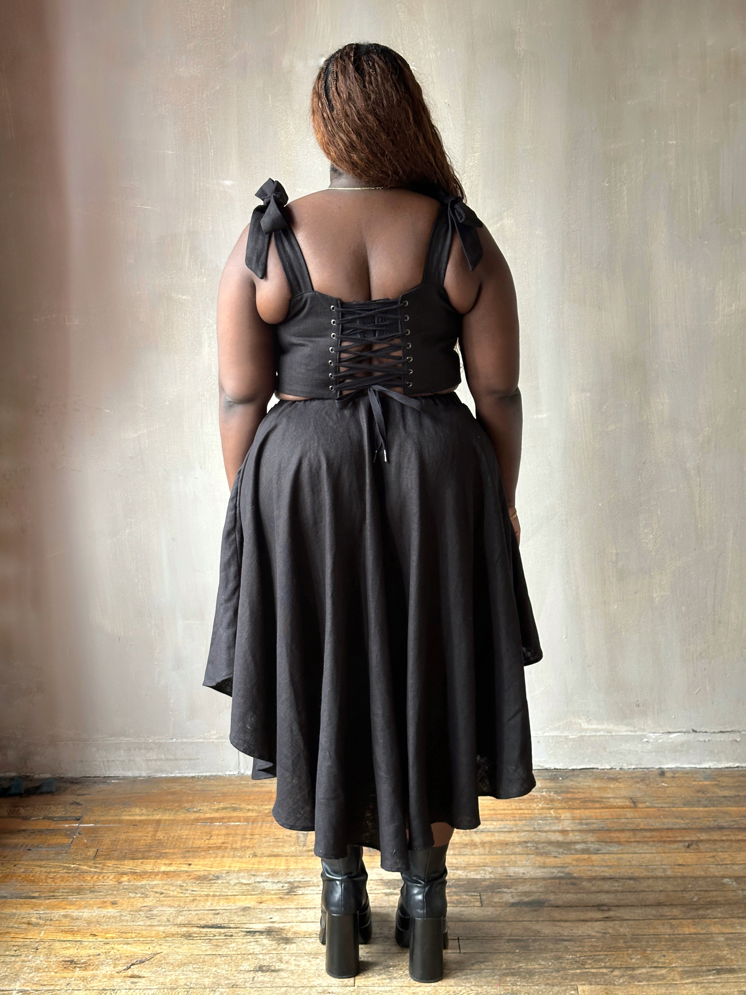 Spring '26: Pastorale Skirt w/Adjustable Hem in Black Linen (Pre-Order)